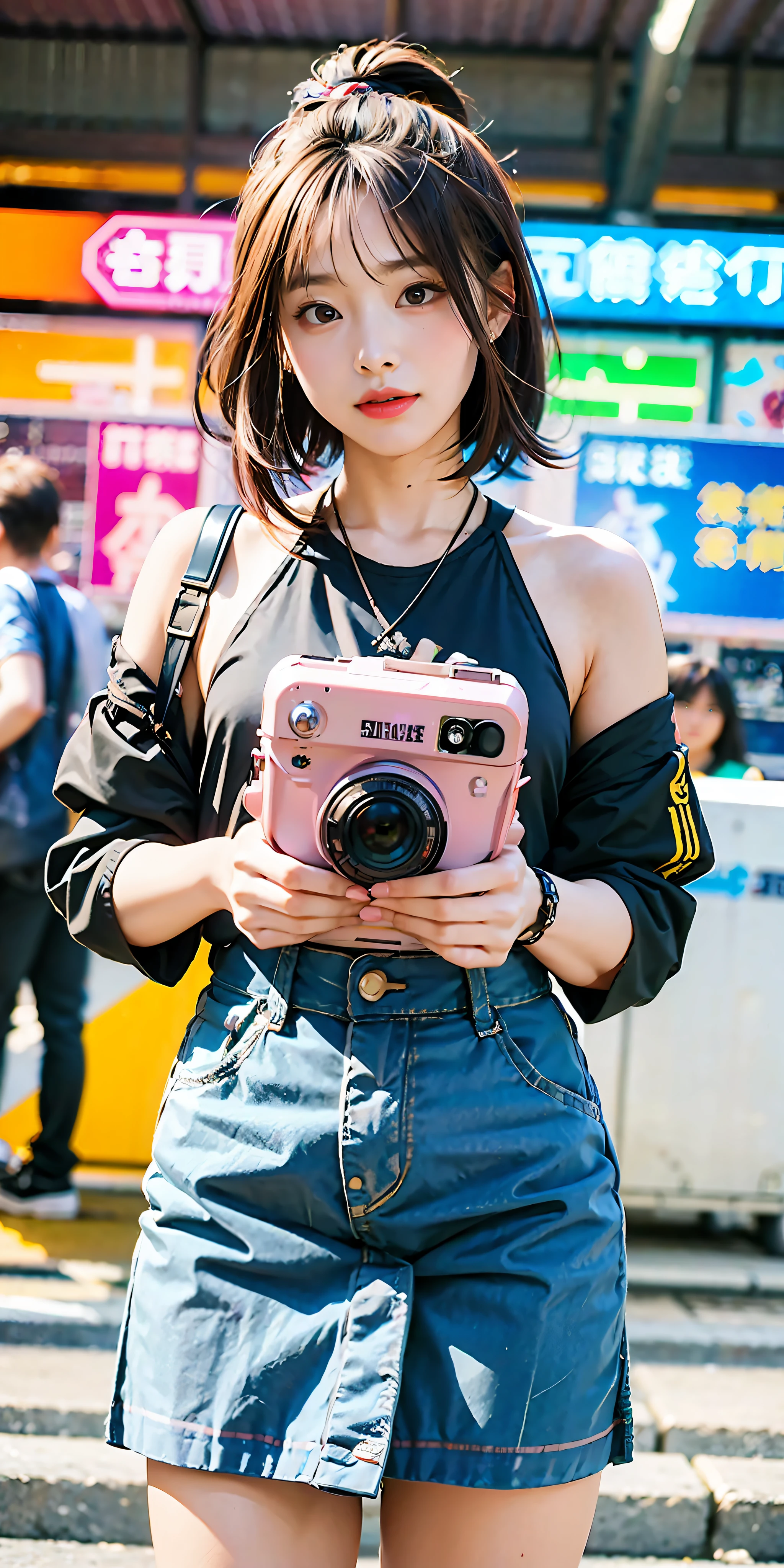 (best images quality)), ((tmasterpiece)), ((meticuloso)), (Street fashion shooting), Girl wearing denim dress, s delicate face,youthfulenergy,the night,(Cyberpunk City 1.5),Highlight the punk style, downtown landscape, Futuristic, Technology elements, holographic projections, with dynamism, A fusion of fashion and technology, (Digital illustration:1.2), (真实感:1.1), (High- sharpness:1.1)