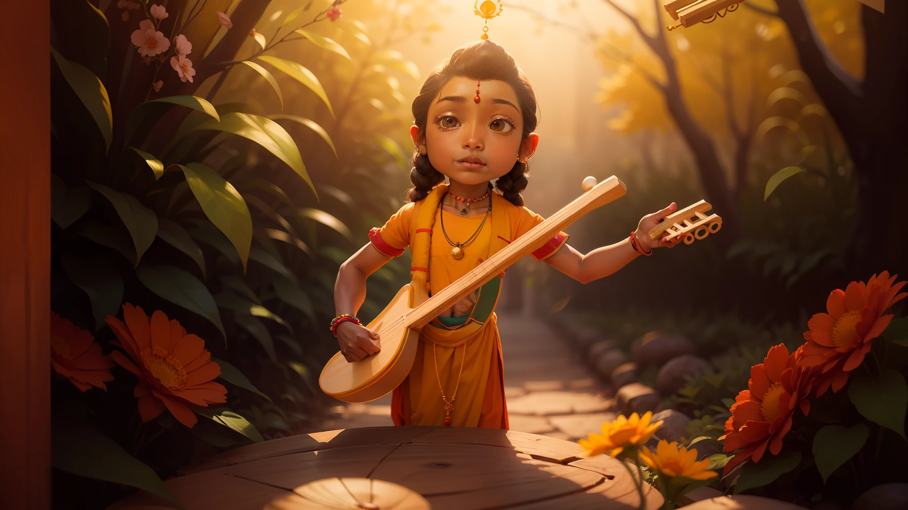 A indian pujari wearing veena, and wooden toy in hand, orange clothes, and flowers necklace.