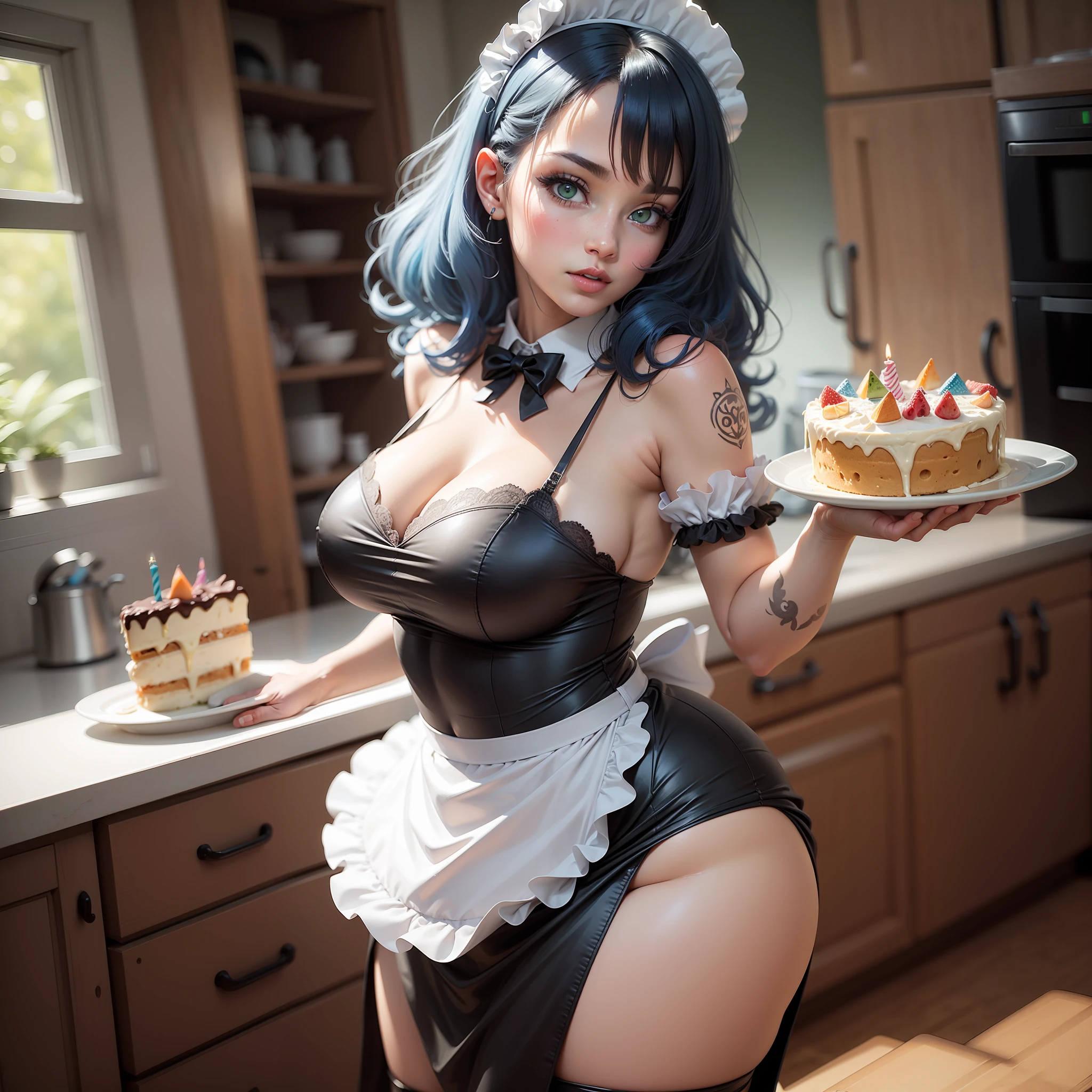 sexy fat woman in a maid outfit standing in a kitchen wishing happy birthday, holding a birthday cake with two hands, gorgeous maid, blue hair, arm tatttos, 50 years old, glamourous cosplay, sakimichan frank franzzeta, a sexy maid in a magical forest, elegant glamourous cosplay, chubby, maid dress, maid outfit, sedy chubby, green eyes,