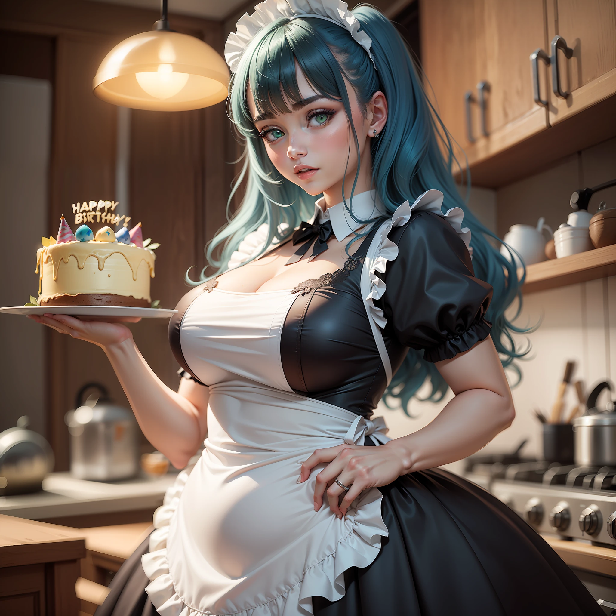 sexy fat woman in a maid outfit standing in a kitchen wishing happy birthday, holding a birthday cake with two hands, gorgeous maid, blue hair, arm tatttos, 50 years old, glamourous cosplay, sakimichan frank franzzeta, a sexy maid in a magical forest, elegant glamourous cosplay, chubby, maid dress, maid outfit, sedy chubby, green eyes,