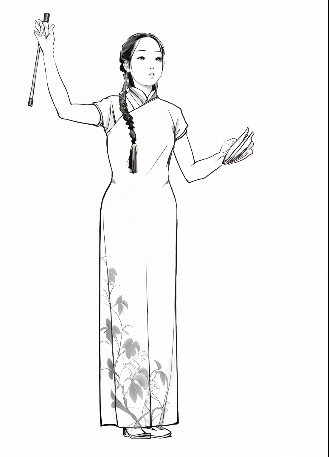 a drawing,A woman in a long dress holds a stick, Inspired by Li Tang, Inspired by Lan Ying, inspired by Yao Tingmei, inspired by Gong Xian, Inspired by Guo Xi, inspired by Lü Ji, inspired by Zhou Fang, character posing for concept art, inspired by Gao Kegong, inspired by Shang Xi, inspired by Charles Dana Gibson