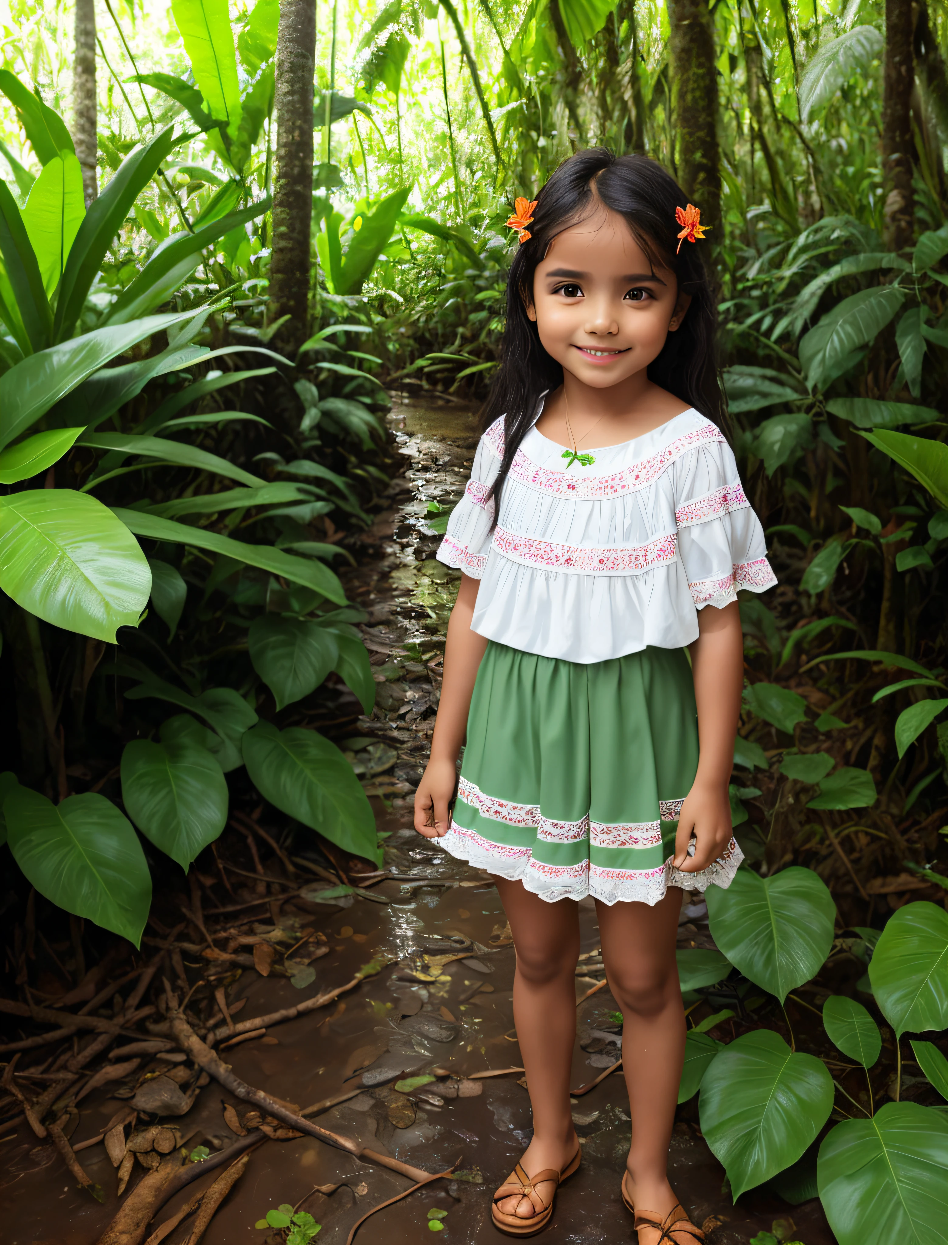 child girl, In the middle of the Amazon rainforest, Standing, corpo perfeito, cara bonita, sol no final da tarde, floresta densa, ultra alta qualidade, magia, misterioso, Realistic photo, Ultra HD | | , sorrindo,