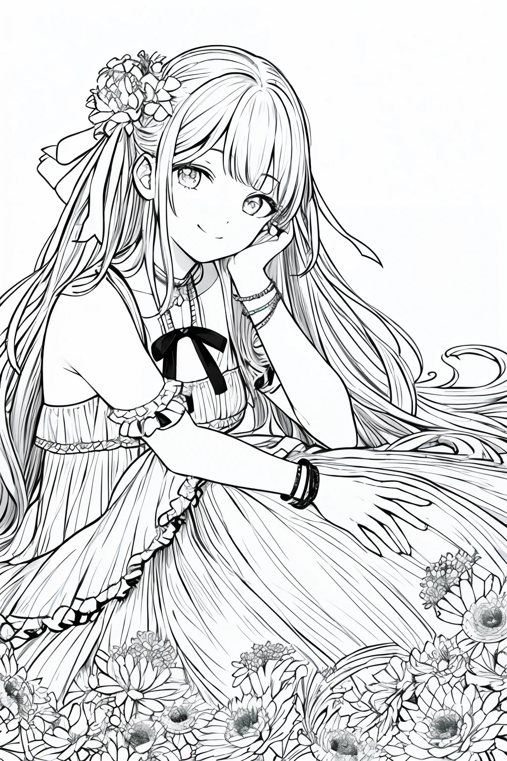 masterpiece, best quality, 1girl, solo, long_hair, looking_at_viewer, smile, dress, ribbon, jewelry, very_long_hair, hair_ribbon, flower, bracelet, two_side_up, hand_on_own_face, head_rest, hand_on_own_cheek, lineart, monochrome,