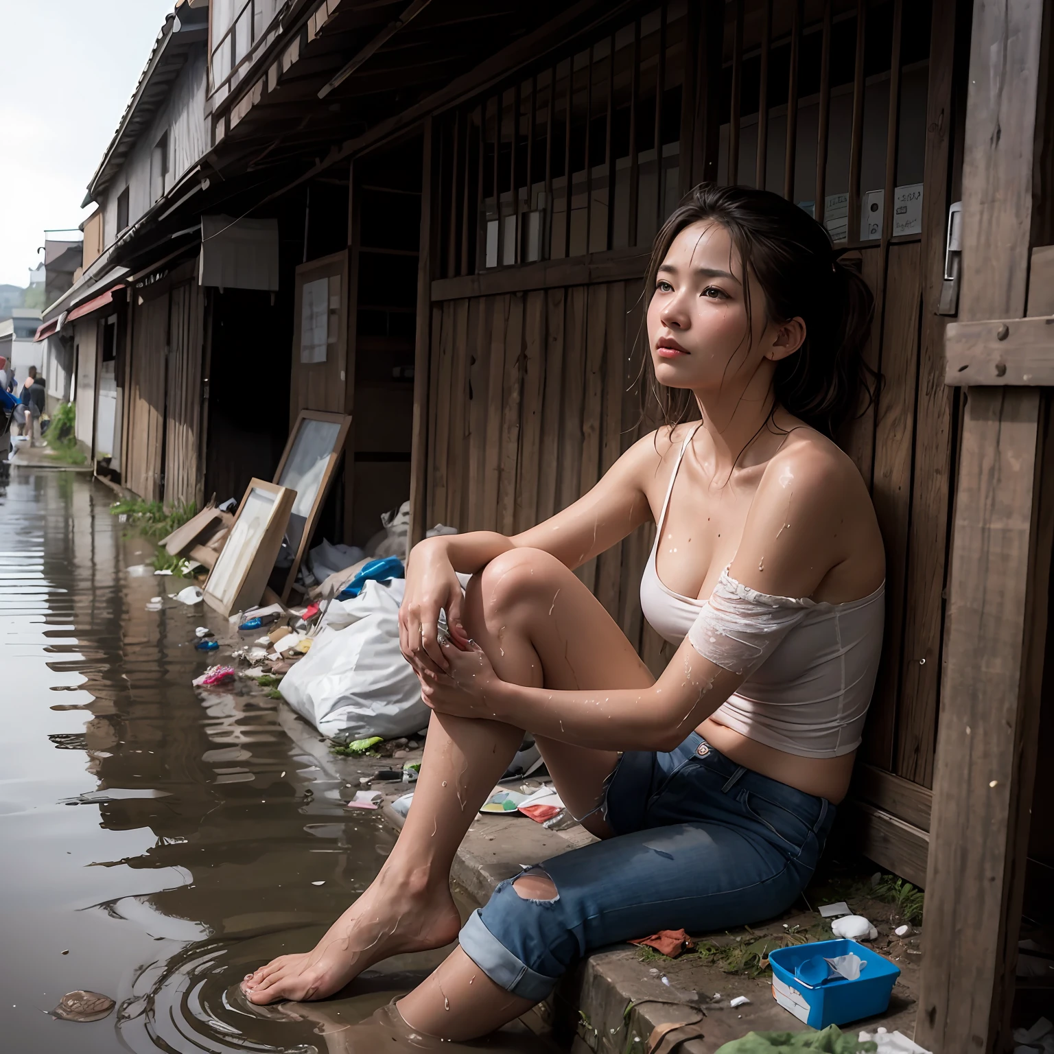 (8k, RAW photos, best quality, masterpieces, : 1.2), (realistic, photorealistic: 1.37), -yeld Ja girl with a sad face of homeless, delicate face, sad expression of despair, sitting and depressed, slums, garbage dumps, piles of garbage, (garbage: 1.5), sloppy, people coming and going, many women, obscene, crowded, poor, torn and dirty tattered dirty clothes, collarbone, no bra, torn micropants, wet clothes, dirty hair, dirty face, dirty skin, sweaty skin, (sweat: 1.5), muddy skin, muddy feet, bare feet, small breasts, unkempt hair, tan, full body portrait, physically based rendering, cinematic lighting, complex and cinematic look, night, street lamp light, photorealistic, cowboy shot, Dynamic Angle