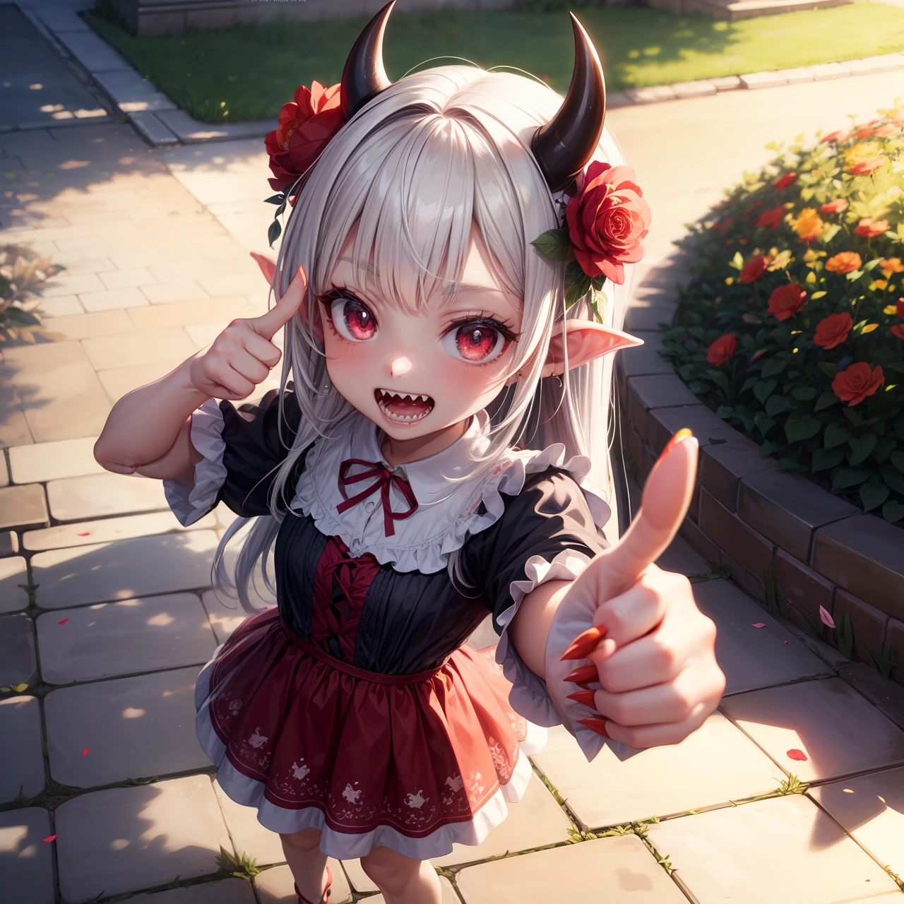 Cute little demon girl, in a cute summer dress with a floral pattern, flower in her hair, red claws on the fingers, sharp teeth, showing thumbs up, in a beautiful park, Shooting from a high angle, Intricate, Detailed, Cinematic, trending on pixiv, 4k