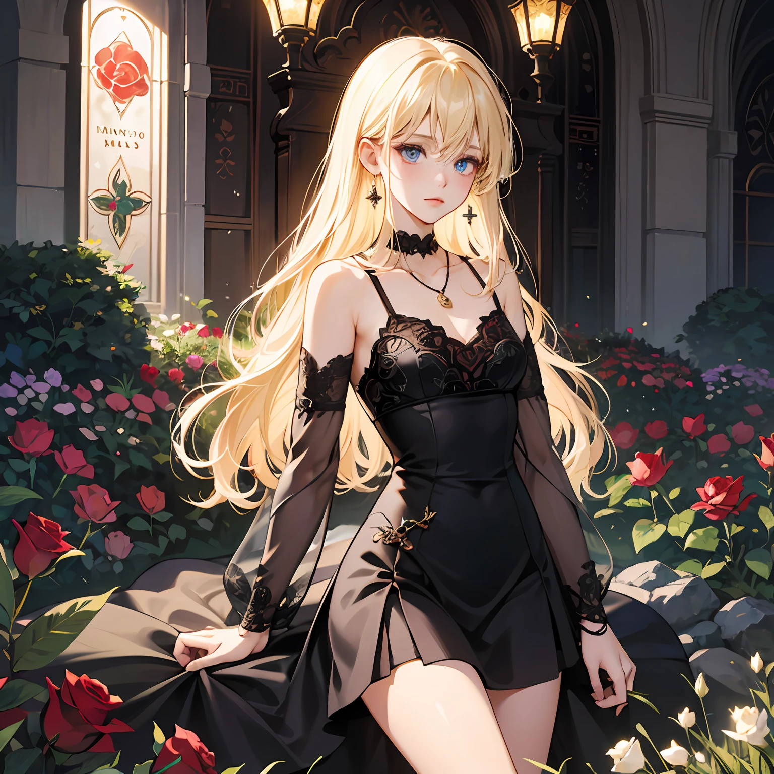 a blond,Princess Cut,odd eye,Older sister,diet,long,Red Rosa,tiarra,Black Dress,curlyhair,small tits,Cool,Rose Dress,embroideries,oriental,A sexy,Sareme,,Only one person,garden,Pendants,chapel