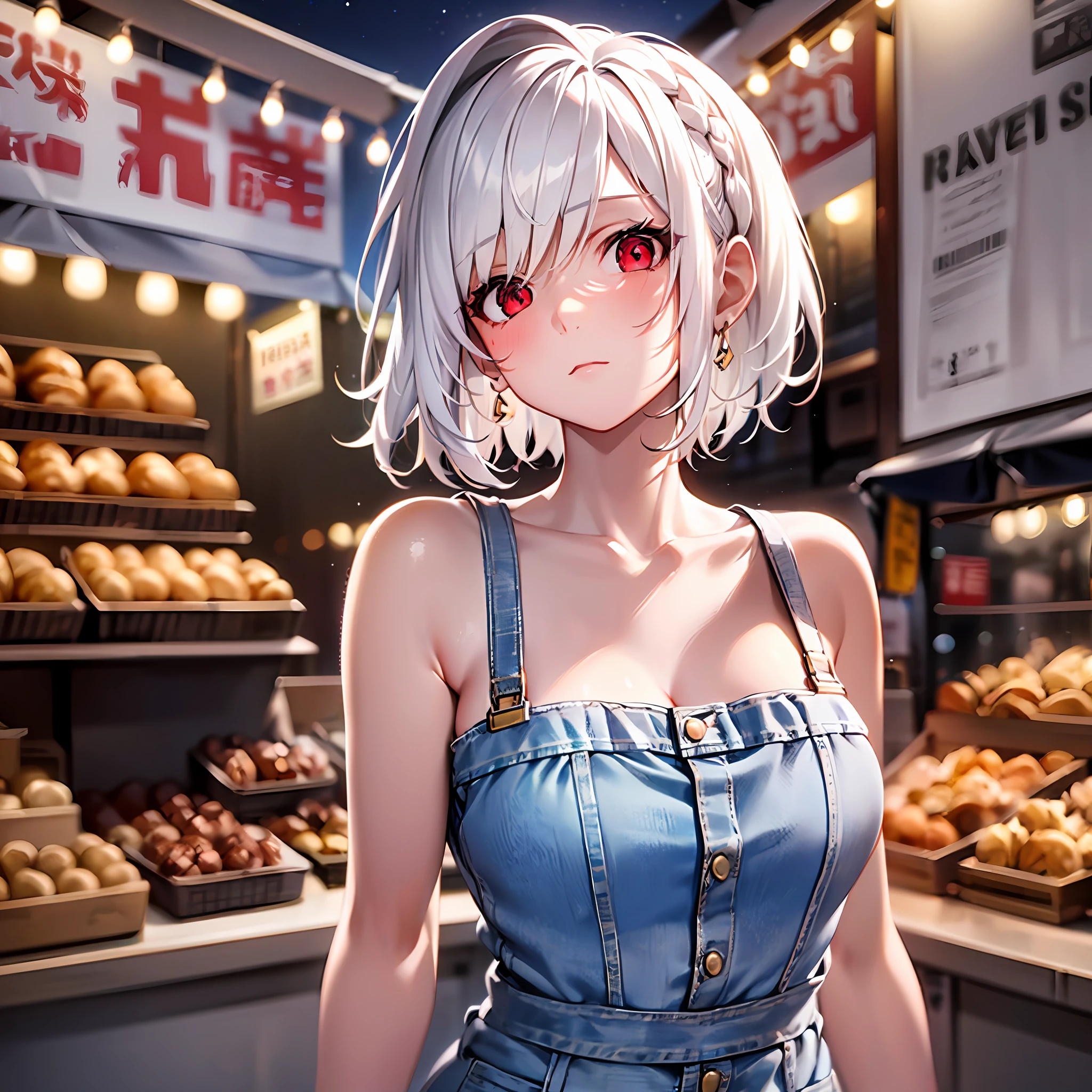 1girl, solo, (white hair:1.3), short hair, french braid, (denim dress:1.2), expressionless, red eyes, glint, (standing:1.2), cowboy shot, from side, dutch angle, (Night Market:1.35), day, masterpiece, best quality,ray tracing, backlighting, 8k, super detail, anatomically correct, textured skin