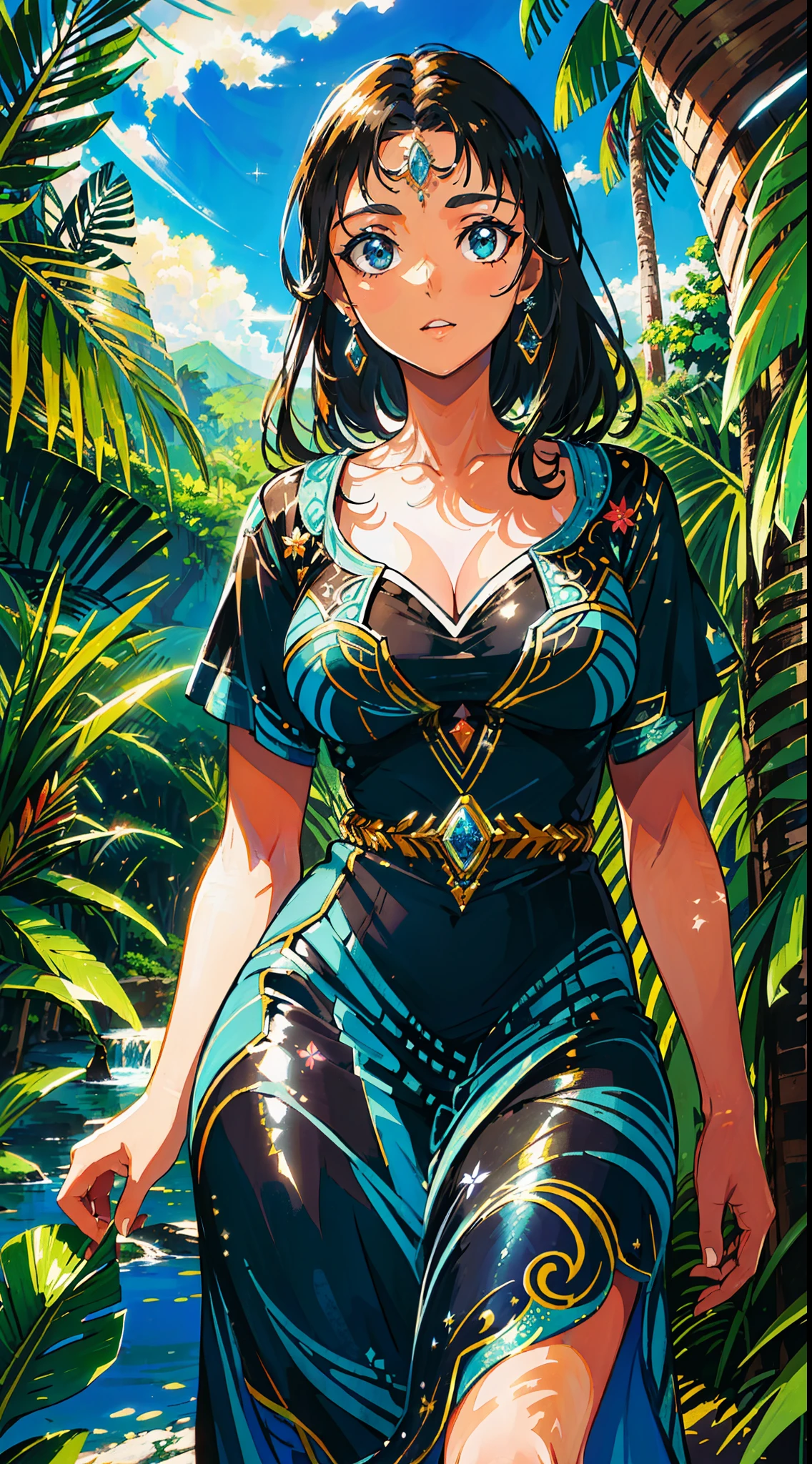 ((belo vestido azul turquesa+Vestido deslumbrante:1.2),(mulher negra+pele negra),cachoeira exuberante,floresta tropical exuberante)