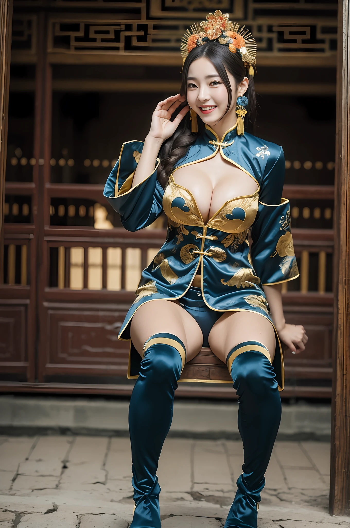 (((long Traditional Chinese costumes))),(((view full body))),(((glamorous body shape))),(((bare inner thigh)))、(((show side breast))),(((detached sleeves))),(((over-kneehighs))),ulzzang-6500-v1.1, (Raw photo:1.2), (Photorealsitic:1.4), a beautiful detailed girl, extremely detailed eye and face, beautiful detailed eyes, ultra-detailed, High resolution, top-quality, masterpiece, ighly detailed, 8k wallpaper, magnifica, finely detail, top-quality, Light on the face,电影灯光,1girl in,(Forbidden City during the Ming Dynasty),Beautiful eyes,a smile,Opening Mouth