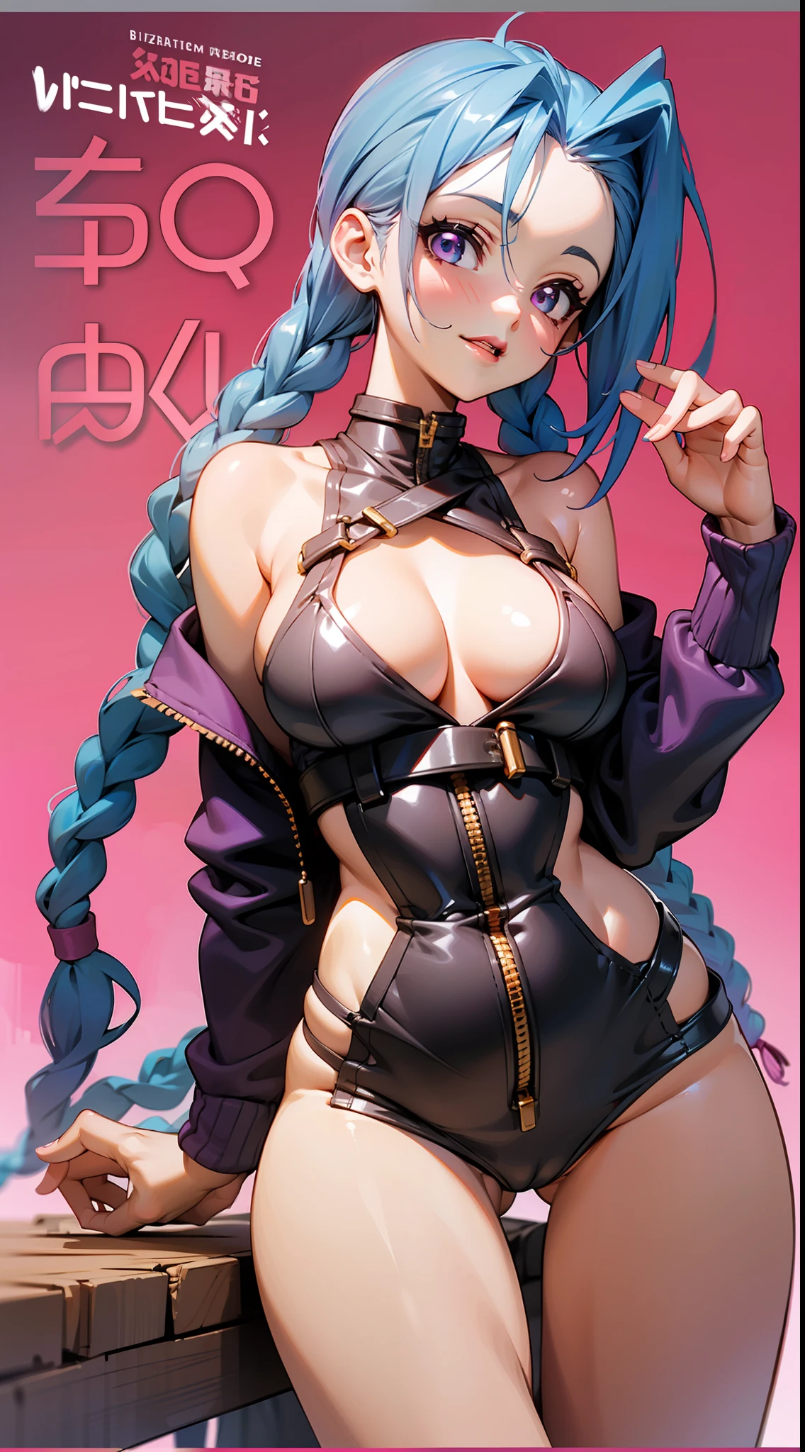 jinx,Pure pink premium manga background,Slim figure,having fun,Mesh garment,Chest open,Exposing the abdomen,Cocked buttocks,Fleshy thighs,Purple shawl,Masterpiece,Brilliant sunshine,Mushroom World,Above the sky,Comic cover style,Comic title,tmasterpiece, High- sharpness, high high quality, 详细的脸, detailed body render, 1girll, 独奏, Hinata sleeveless clothing,big cleavage breasts,, sleeveless shirts, Fishing net clothing, Dark lips, Unzipped jacket, no brassiere, breasts out,, standing on your feet, Be red in the face, (on bedroom)