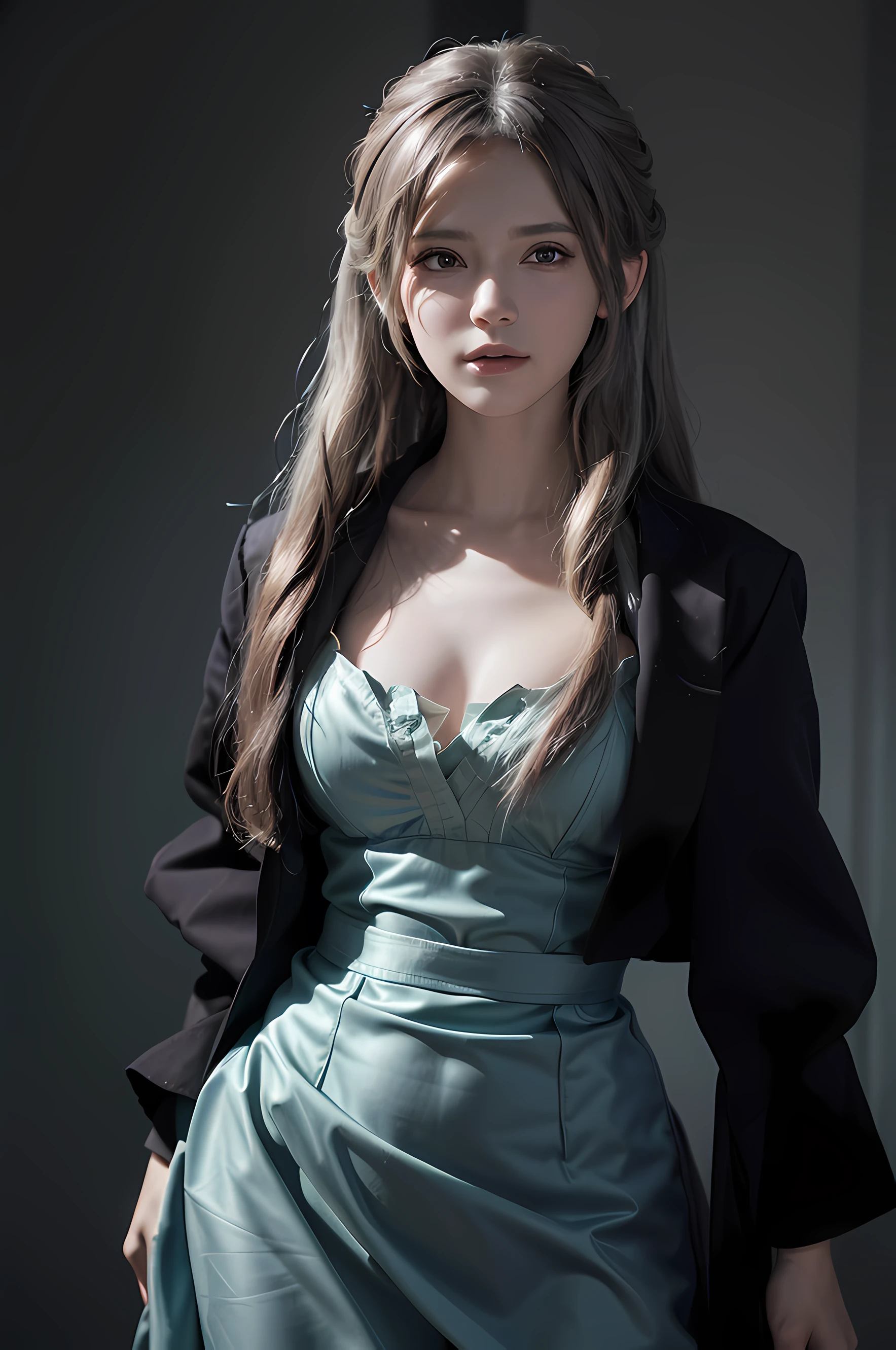 Hyperrealist portrait of female by david hockney and alphonse mucha,fantasy art, photo realistic, dynamic lighting, artstation, poster, volumetric lighting, very detailed faces, 4 k, award winning,, 1girl, in the dark, deep shadow, low key,cowboy shot,(official clothing:1.4) ,long hair,white hair,
