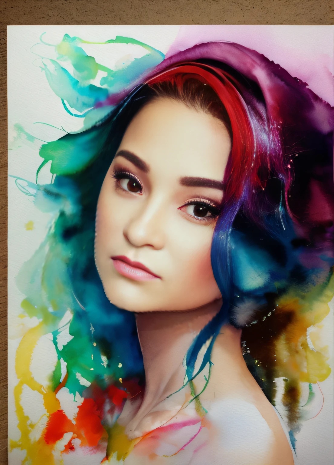 uma mulher, arte estilo agnes cecile, design aquarela, pastels colors, pingos de tinta, fundo branco, highes definition, cabelo aquarela bonito, normal neck, no big neck