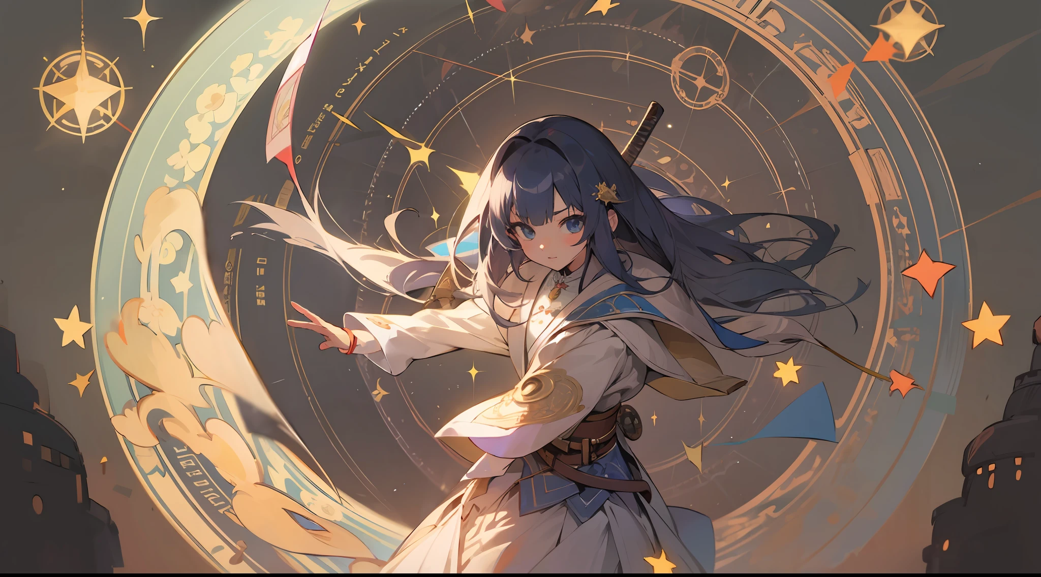 Woman with weapon coming out of body、kawaii、A magic circle appeared overhead and at your feet.、