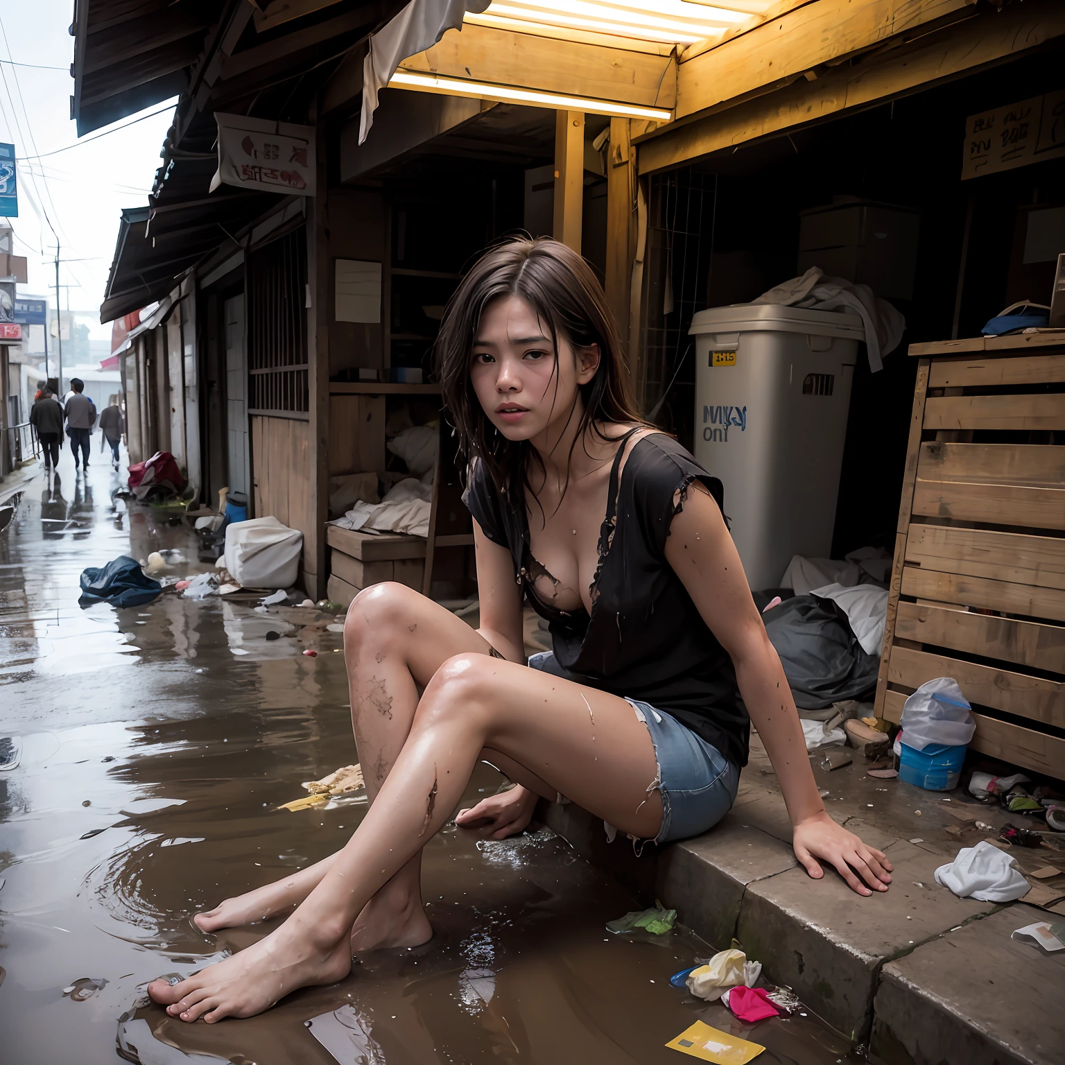 (8k, RAW photos, best quality, masterpieces, : 1.2), (realistic, photorealistic: 1.37), 17-year-old Japan girl with a sad face of homeless, delicate face, sad expression of despair, sitting and depressed, slums, garbage dumps, piles of garbage, (garbage: 1.5), sloppy, people coming and going, many women, obscene, crowded, poor, torn and dirty tattered dirty clothes, collarbone, no bra, torn micropants, wet clothes, dirty hair, dirty face, dirty skin, sweaty skin, (sweat: 1.5), muddy skin, muddy feet, bare feet, small breasts, unkempt hair, tan, full body portrait, physically based rendering, cinematic lighting, complex and cinematic look, night, street lamp light, photorealistic, cowboy shot, Dynamic Angle