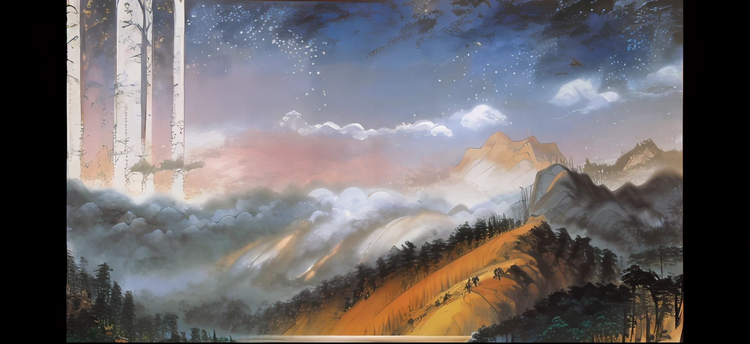Scene of painting mountains,A bird flies over the mountain, Detailed painting 4 K, painting of a dreamscape, background artwork, Inspired by Bob Ross, painted in high resolution, Thomas Kinkade CFG _ Level 9, zoomed out to show entire image, 8k resolution digital painting, 8 k resolution digital painting, 4 k matte thomas kinkade
