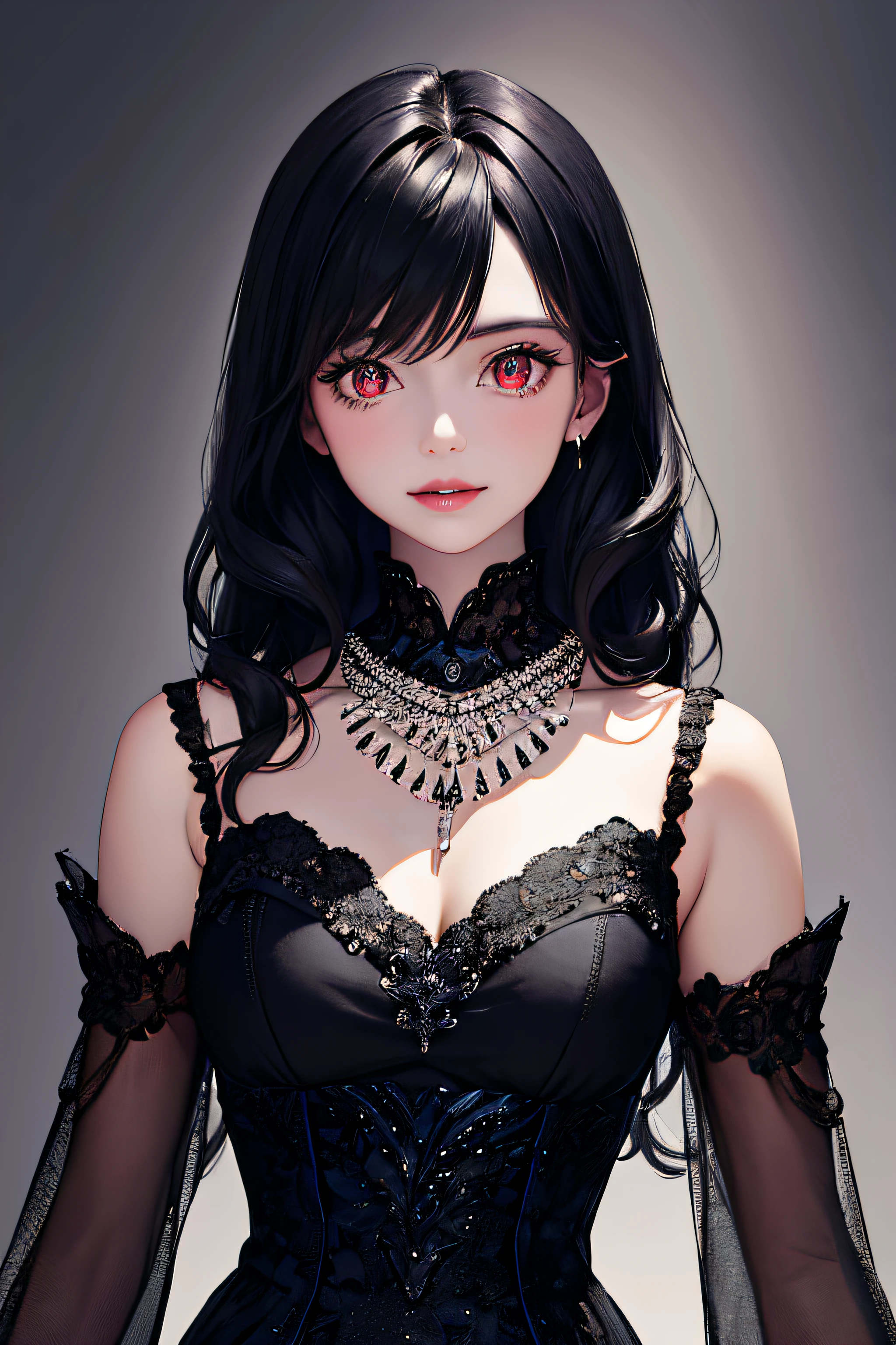 (masterpiece, top quality, best quality, official art, beautiful and aesthetic:1.2),
cateyes,1girl, solo, long hair, hair between eyes, dress,closed mouth, black hair, looking at viewer, smile, detached sleeves, red eyes, bare shoulders, hair ornament, black dress, upper body, purple dress, bangs, necklace, breasts, jewelry, slit pupils, long sleeves,
extreme detailed,highest detailed, optical mixing, playful patterns, lively texture, unique visual effect