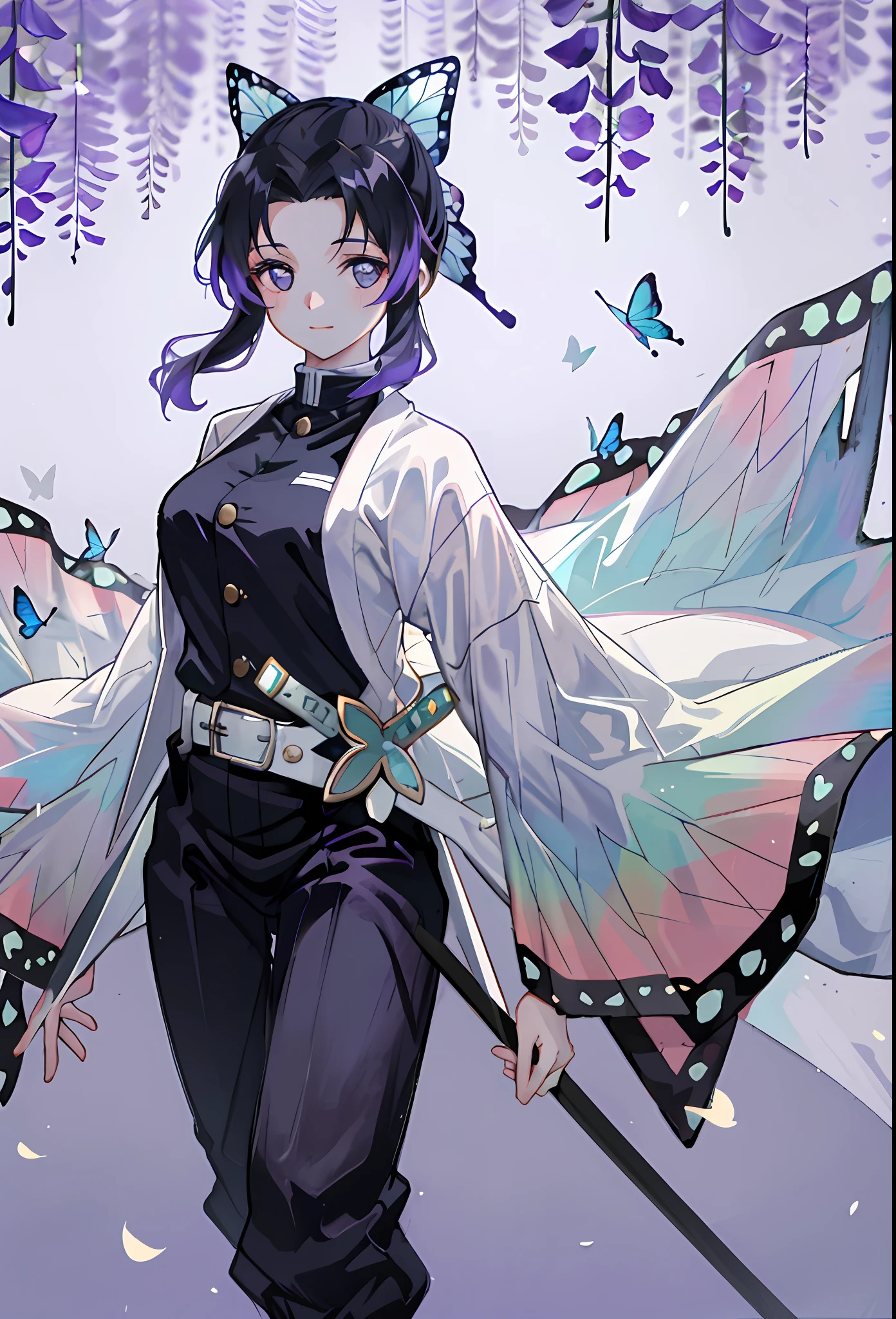 masterpiece, best quality, ultra-detailed, illustration, 1girl, solo, kochou shinobu, multicolored hair, no bangs, hair intakes, purple eyes, forehead, wisteria, black shirt, black pants, haori, butterfly, standing waist-deep in the crystal clear water of a tranquil pond, peaceful expression, surrounded by lush green foliage and wildflowers, falling petals, falling leaves, large breasts, cowboy shot, buttons, belt, light smile, (no hand:1.2), heart-shaped pupils,