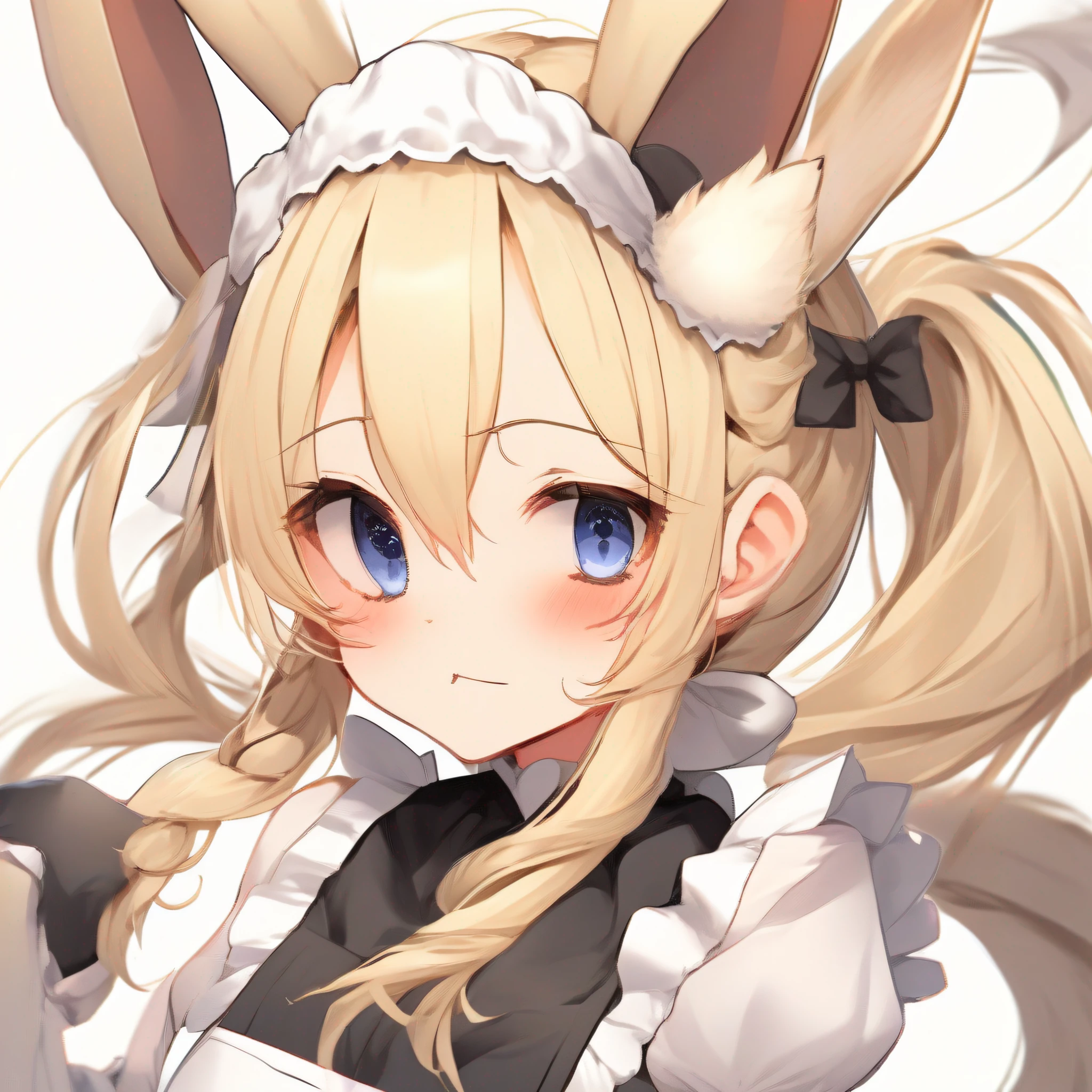 blonde hair, ahoge, hair behind ear, hair over shoulder, messy hair, ponytail, wavy hair, asymmetrical bangs, maid headdress, hair bobbles, hair bell, bunny hair ornament, mole under eye, star-shaped pupils, half-closed eye, color contact lenses, ringed eyes, fox ears, mouth hold, clenched teeth, ear blush, fang out, Surrealism, drop shadow, anaglyph, stereogram, tachi-e, pov, atmospheric perspective, 8k, super detail, ccurate, best quality, UHD, retina, masterpiece, ccurate, anatomically correct, textured skin, super detail, high details, high quality, award winning, best quality, highres, 1080P