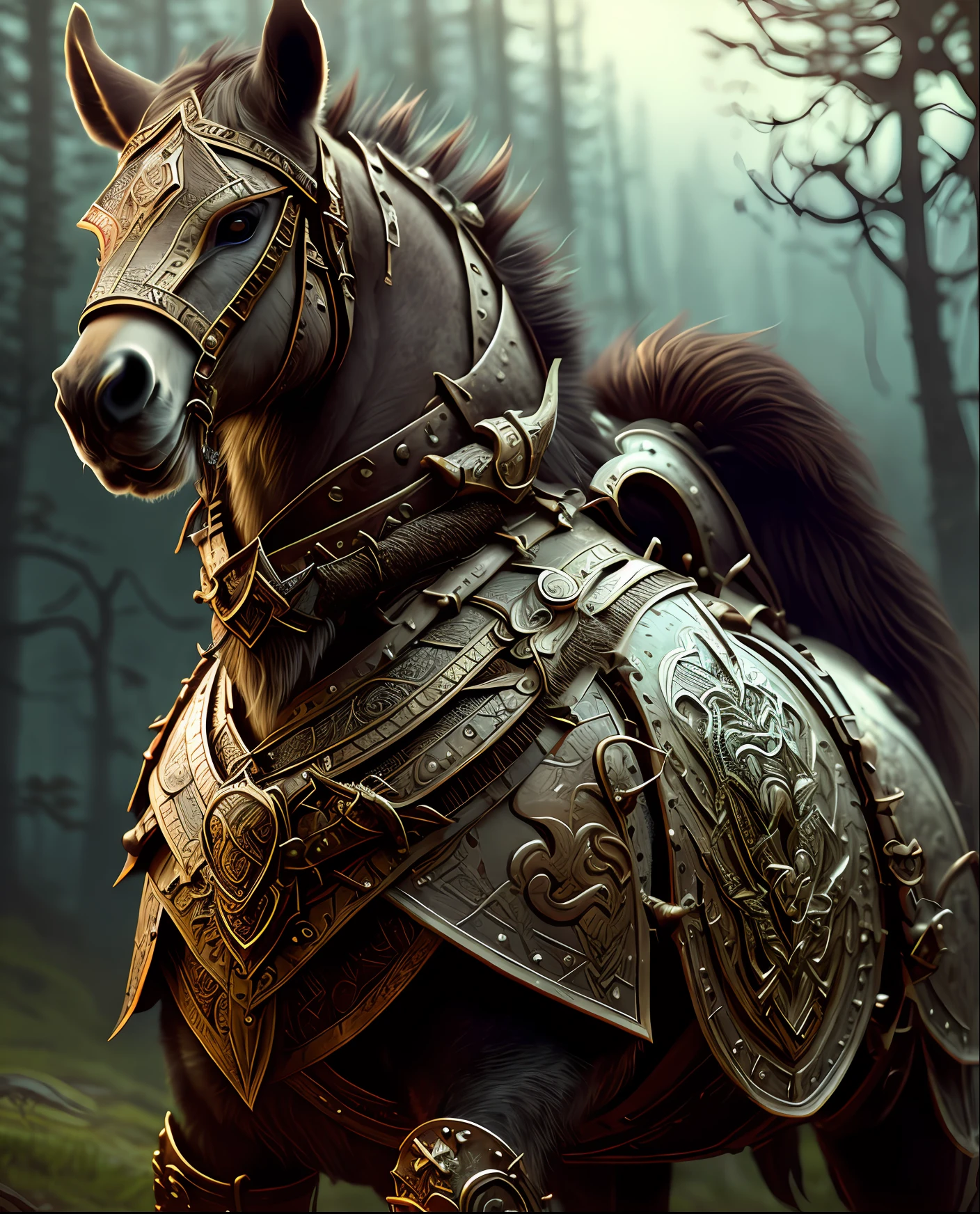 Viking warrior, hyper detailed and ornate leather armor, horse-mounted with hyper detailed dark fur, in artstation forest art, hazy background, realistic epic, rutkowski, hdr, intricate details, hyperdetailed, cinematic, rim light, muted colors: 1.2, dark fantasy, dark and reddish sky, with dark mountains in the background, dark and dangerous atmosphere