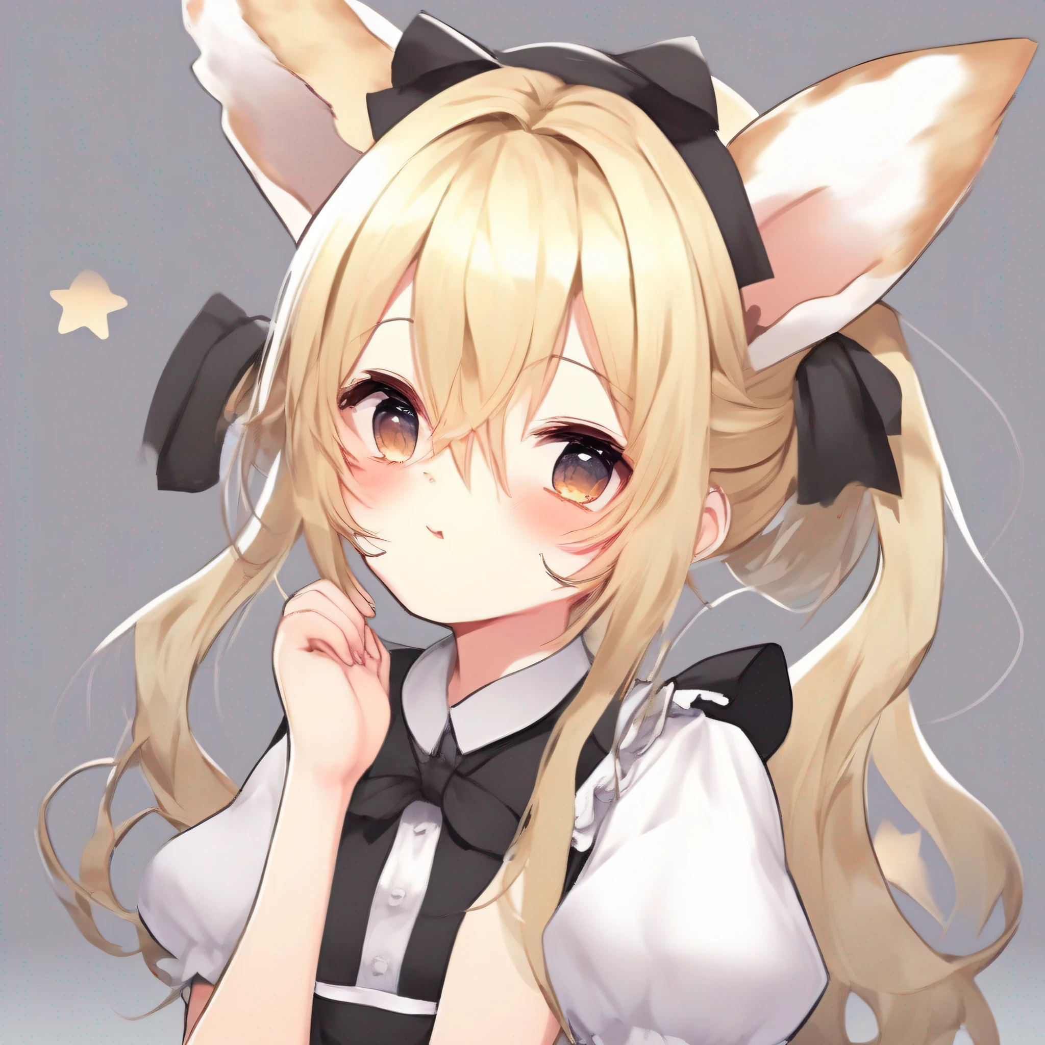 blonde hair, ahoge, hair behind ear, hair over shoulder, messy hair, ponytail, wavy hair, asymmetrical bangs, maid headdress, hair bobbles, hair bell, bunny hair ornament, mole under eye, star-shaped pupils, half-closed eye, color contact lenses, ringed eyes, fox ears, mouth hold, clenched teeth, ear blush, fang out, Surrealism, drop shadow, anaglyph, stereogram, tachi-e, pov, atmospheric perspective, 8k, super detail, ccurate, best quality, UHD, retina, masterpiece, ccurate, anatomically correct, textured skin, super detail, high details, high quality, award winning, best quality, highres, 1080P