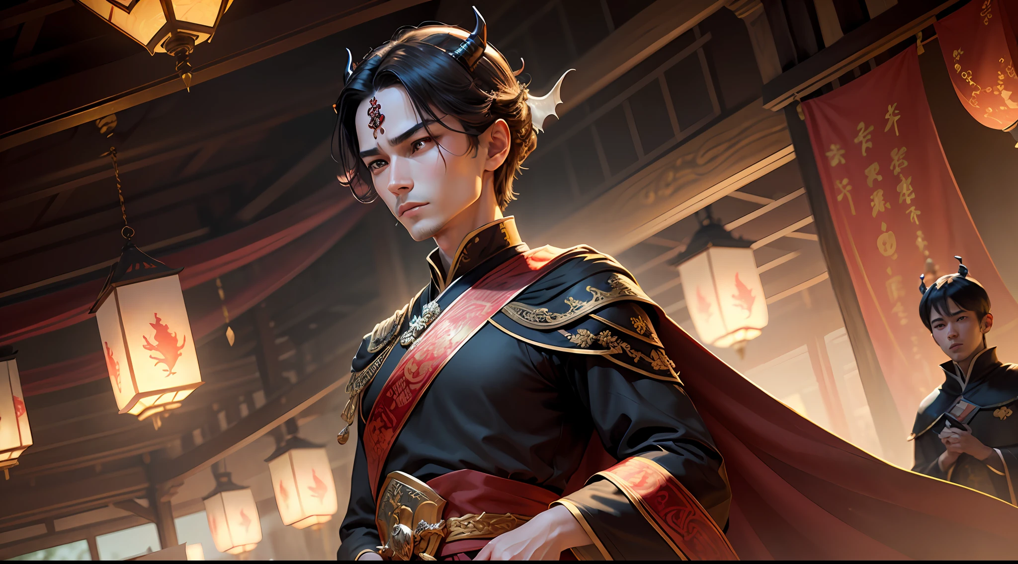The soul follows behind the prince, and the facial features are delicate,Perfect body, delicate facial features,perfect bodies,There are dragon horns in front of the forehead,Hanfu,Dragon,New Year atmosphere,black color hair,Eyes,Black eyes,long eyelasher,paper cut out,red envelopes,lanterns,The soul of the prince and the crown princess