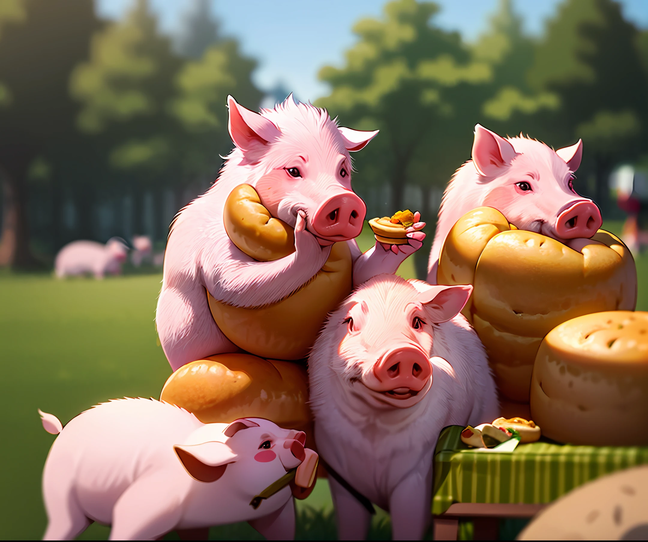 Pigs eating buns