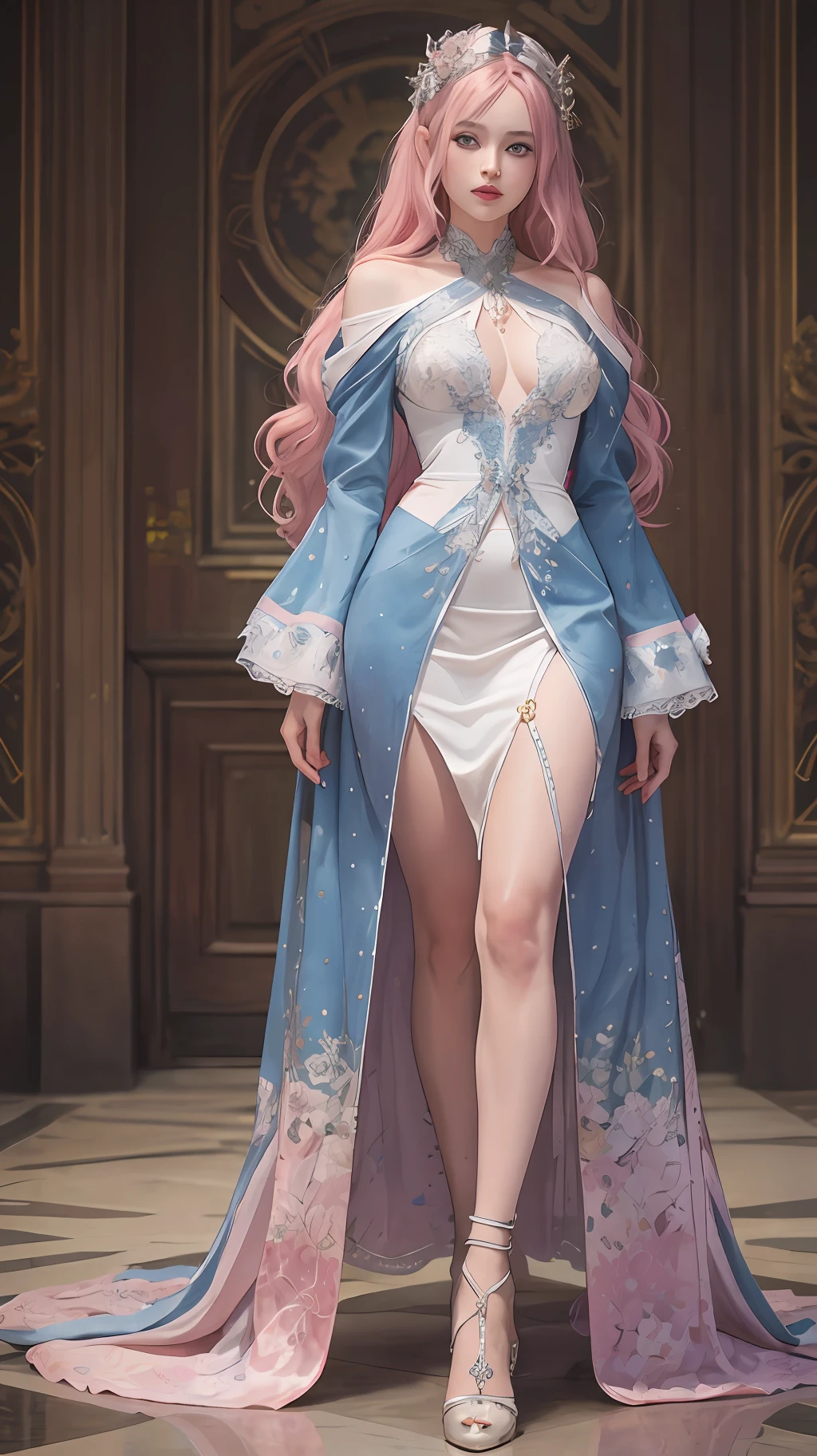 Delicate royal blue eyes,Look straight into the eyes,Perfect face,Extra-long pink hair,,Especially gentle girl,Tall,Perfect proportions,standing,Wear clothes as delicate and perfect as silk,4K,8K,Perfect light,Wear high heels,Rich background,meticuloso,delicated,intricate detailed clothes,Exquisite background,Delicate face,Flawless work