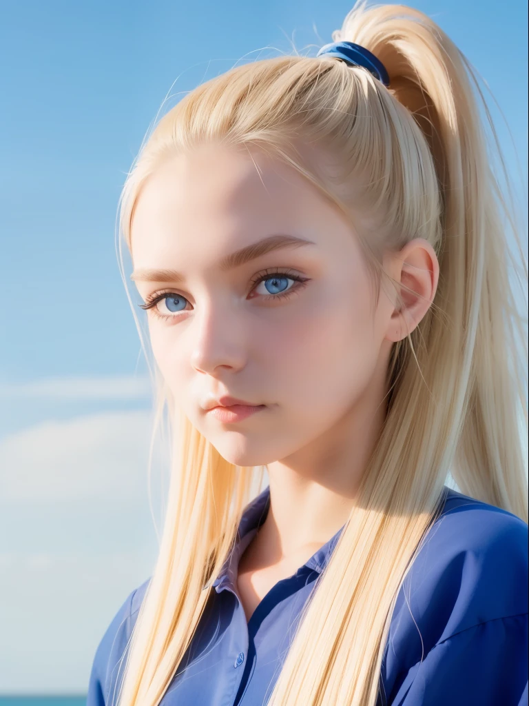girl, blonde, long hair, straight hair, visible forehead, ponytail, thick eyebrows, blue eyes, big eyes, blue sky background, portrait