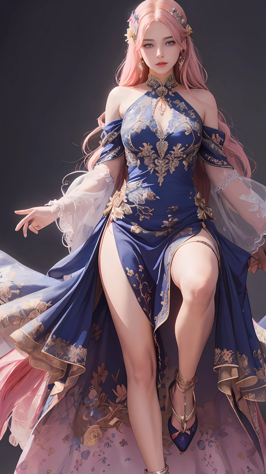 Delicate royal blue eyes，Look straight into the eyes，Perfect face，Extra-long pink hair，，Especially gentle girl，Tall，Perfect proportions，standing，Wear clothes as delicate and perfect as silk，4K，8K，Perfect light，Wear high heels，Rich background，meticuloso，delicated，intricate detailed clothes，Exquisite background，Delicate face，Flawless work