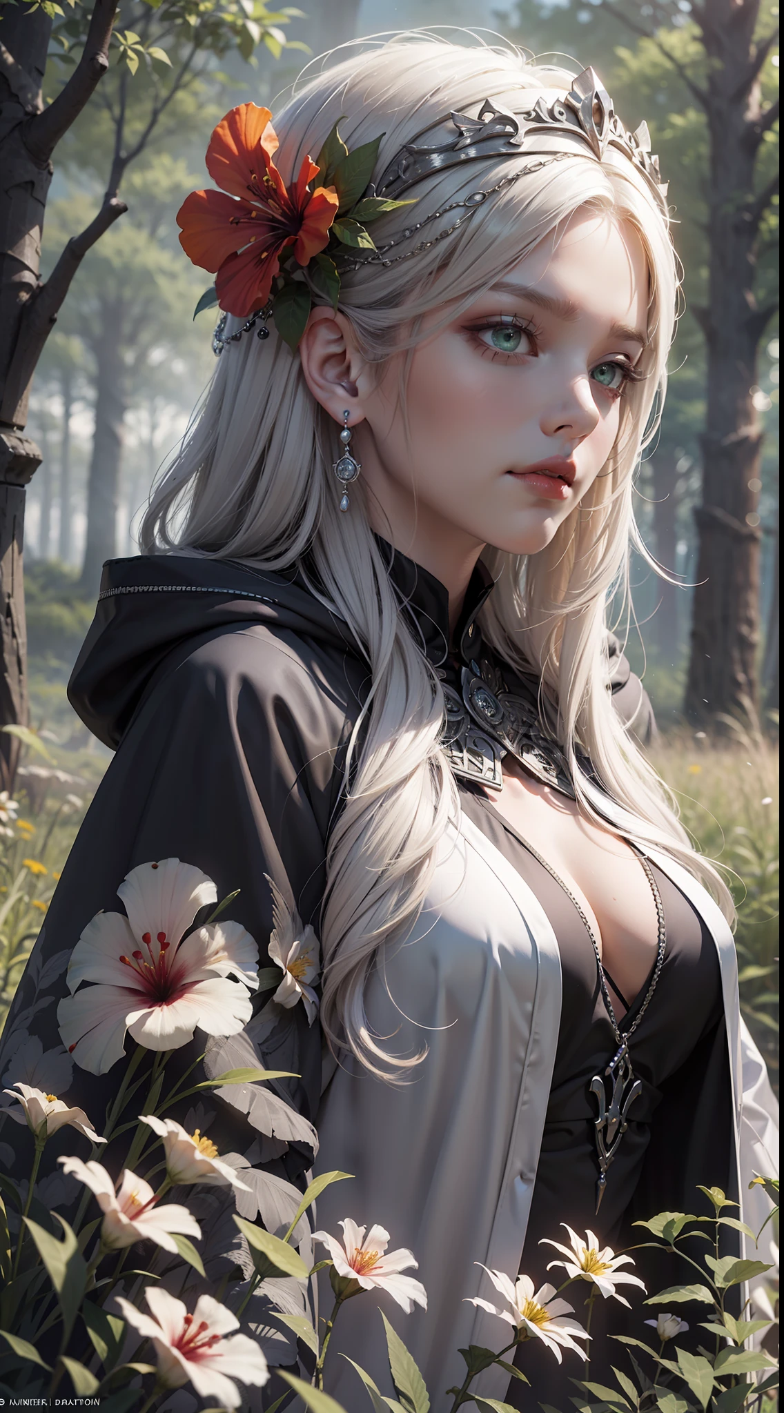 (Very detailed 8K wallpapers), medium plan, young woman, smooth features, big green eyes, sad look, long white hair, dressed in a black robe with silver patterns, a wide hood on her head, standing in a meadow, a meadow of black flowers, hibiscus flowers in her hands, fog in the background, mystical atmosphere, attention to detail, beautiful picture, high quality, an intricate, higly detailed, dramatic