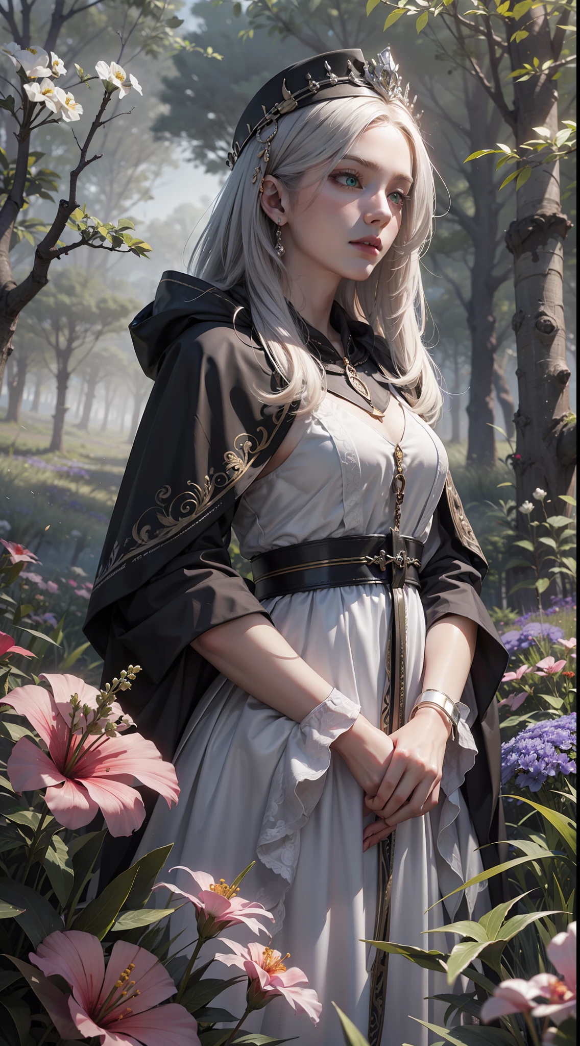 (Very detailed 8K wallpapers), medium plan, young woman, smooth features, big green eyes, sad look, long white hair, dressed in a black robe with silver patterns, a wide hood on her head, standing in a meadow, a meadow of black flowers, hibiscus flowers in her hands, fog in the background, mystical atmosphere, attention to detail, beautiful picture, high quality, an intricate, higly detailed, dramatic