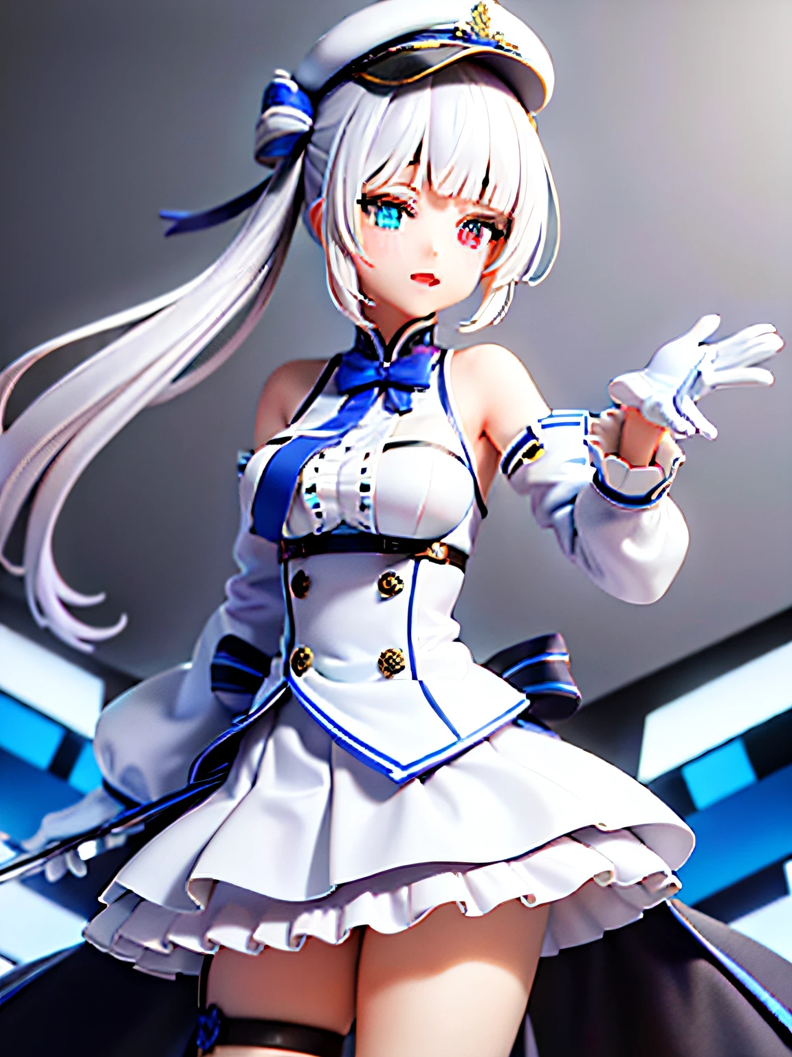 Masterpiece,High detail, 1girll, Kagura MEA, High quality, vtuber, White hair, double tails, Heterochromia, Black military cap, blue right eye,Orange left eye, White gloves, Blue ribbon, Blunt bangs, Highlight Eyes