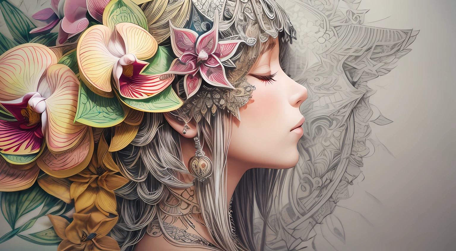 (illustration:1.3),paper art, zentangle,3D rendering,Red background,Summer,(Beauty side face,close eyes:1.3),(orchid:1.2), Colorful, Best quality, Detailed details, Masterpiece, offcial art, Cinematic lighting effects, 4K,