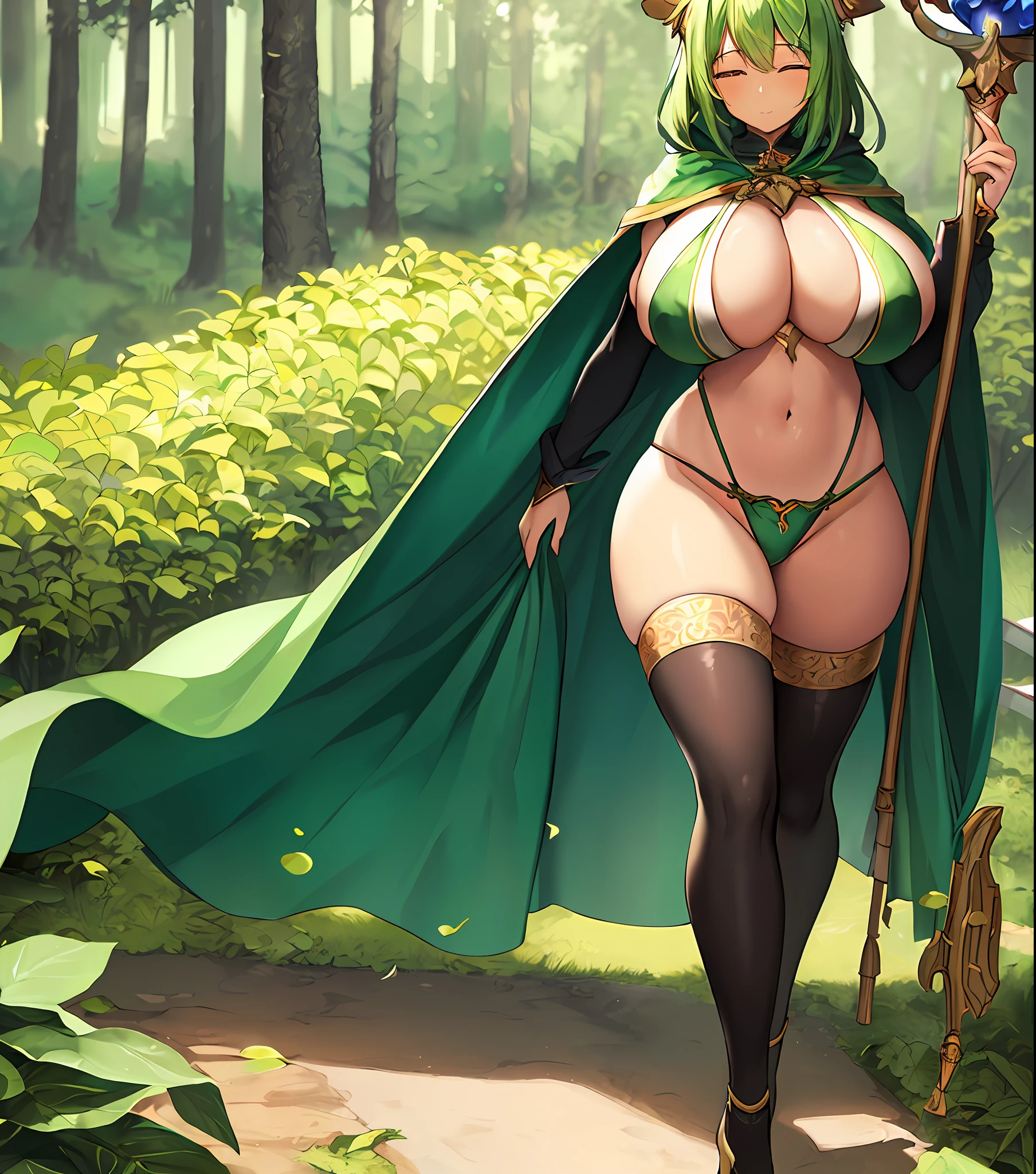 fantasy, 1forest_elemental_girl, tiny,(dark_skin)0.9, (using_leaves_clothes, green_leaves_covered_breasts, leaves_covered_pussy,covered_nipples)+++,(gigantic_heavy_tits:1.1), walking, (smile, sleepy)+, medium_hair, navel oil, (winding_vine_around_torso)++, forest_background, leaves_headgear, green_leaves_cape, spread_arms, large_staff, leaves_thighhighs, big_ass,solo,(pelvic_curtain:0.9), tabard,