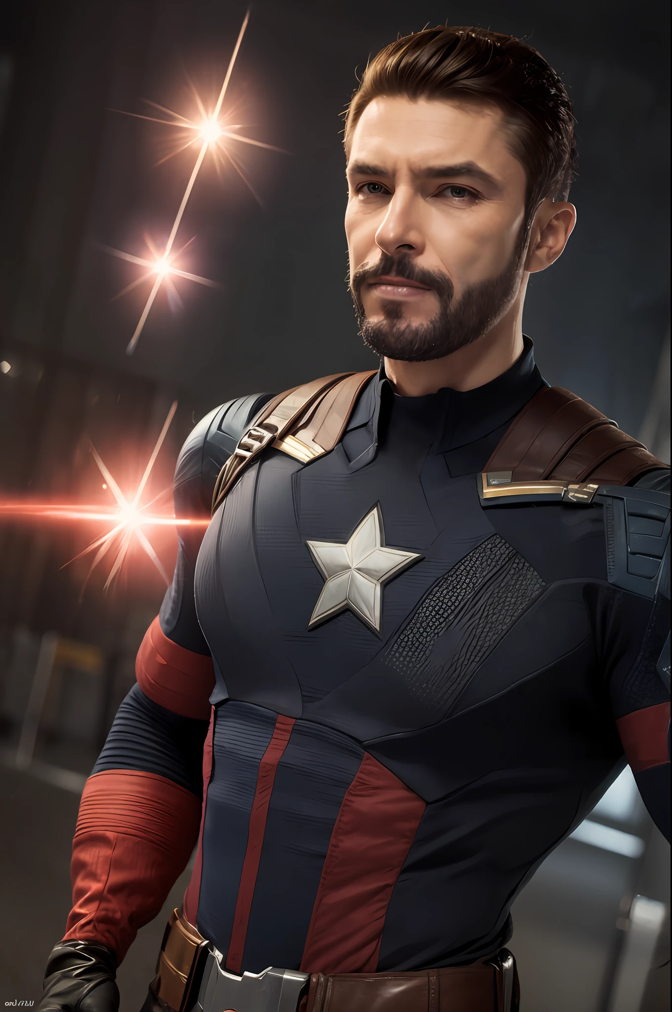 modelshoot style, muscular,Joseph Stalin dressed as Captain America,no helmet,intricate details, lens flare, intricate detailed face, 4k, 8k, hdr