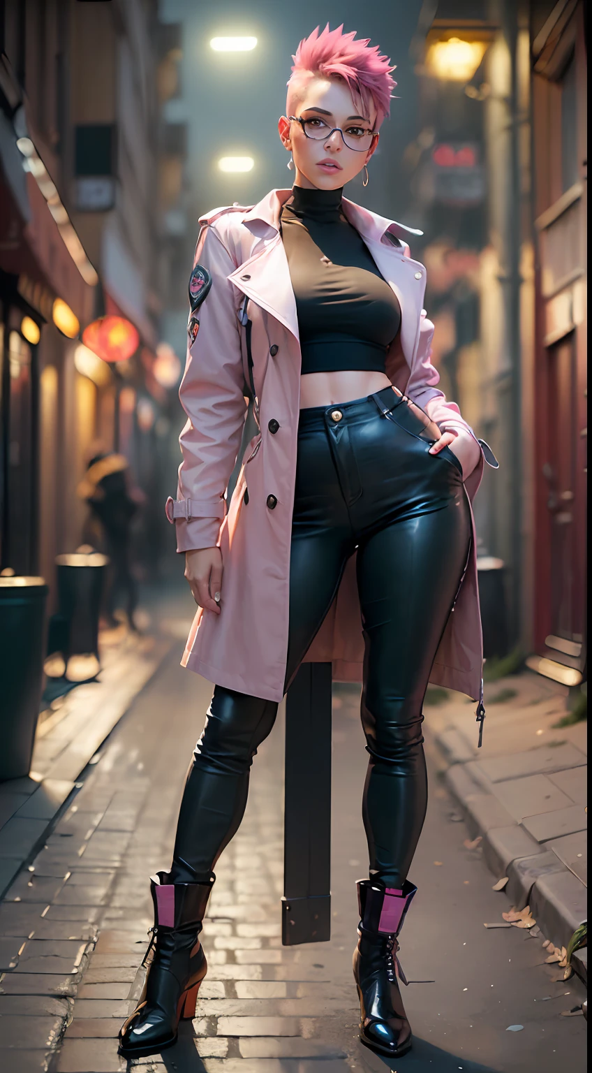 (
    (Character: one french woman, slim body, slim waist, pink shaved sides haircut )
    (Clothing: pink trench coat, boots, black leather pants, black shirt, glasses)
    (Pose: full body shot:1.7)
    (Background: dark alley at night:1.3, intense urban lights in background, pink color scheme) 
    (Style: ((masterpiece:1.5)), (face detailed), photo-realistic:1.3, hyperrealistic, film grain, realistic lighting, backlighting:1.3)
)
