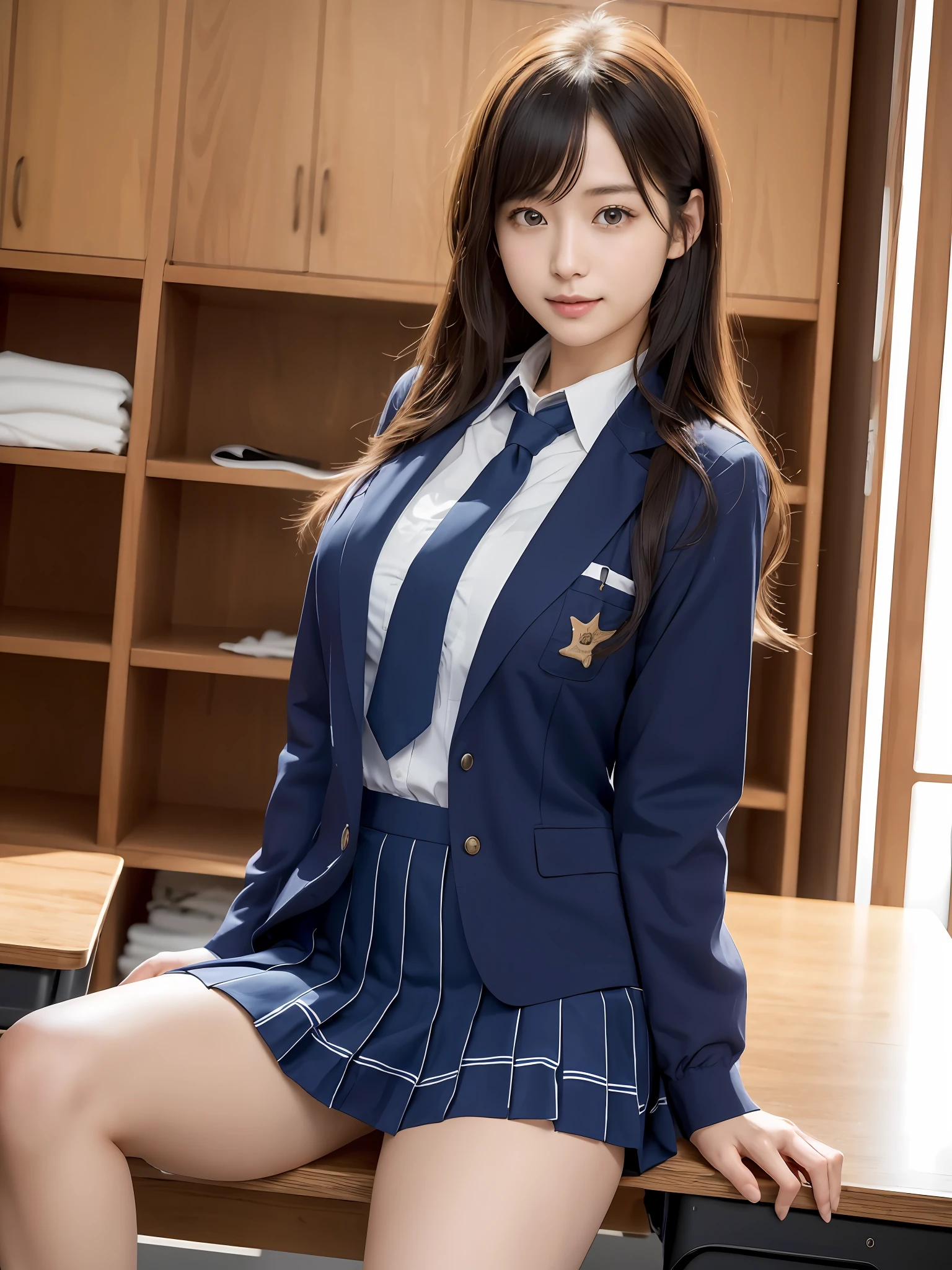 masutepiece, Best Quality, japanaese girl, 8K, Raw photo, top-notch quality, masutepiece, nffsw:1.2, exceptionally detailed RAW color photo, professional-grade photograph, (Realistic, Photorealistic:1.37), (highly detailedskin:1.2), Ultra-high resolution, (lenz 50mm), (masutepiece, top-quality:1.3), (Ultra detailed 8K cg:1.2), (hyper realisitic:1.35), (Photorealistic:1.45), (Realistic:1.4), Cowboy Shot,
1 beautiful Japanese girl, 22 years old, super model, Japanese Idol, __expression__, Large breasts, (sitting on the desk:1.1), (School uniform:1.4), (Spread legs:1.2),
(The background is the changing room:1.1)、Korean Idol、Nogizaka Idol、hposing Gravure Idol、Adults、女優、ren、