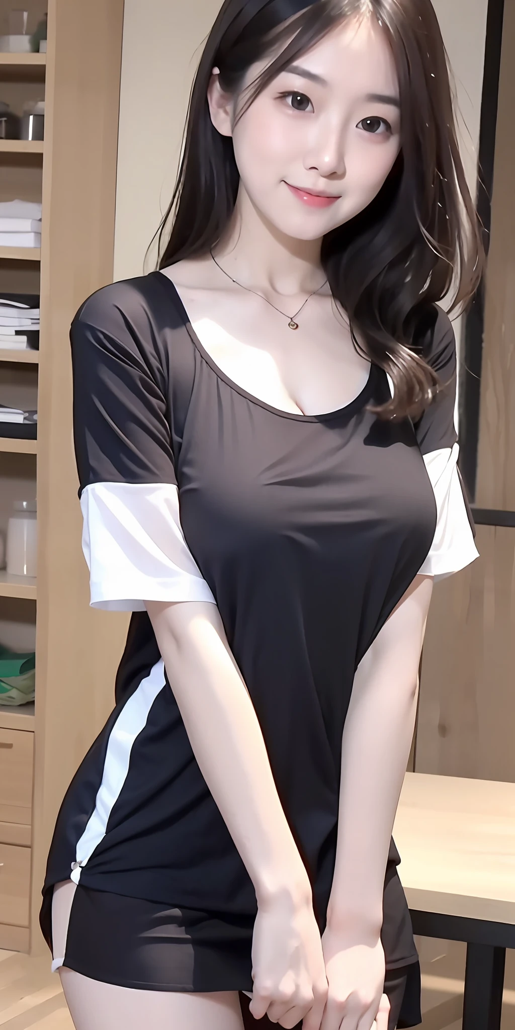 a close up of a woman in a short skirt and a shirt, cute top, fancy top, sakimichan, 2263539546], Open V chest clothes, With black, with white, Short sleeves, wearing a cute top, smooth white tight clothes suit, White and black clothing, wearing black camisole outfit