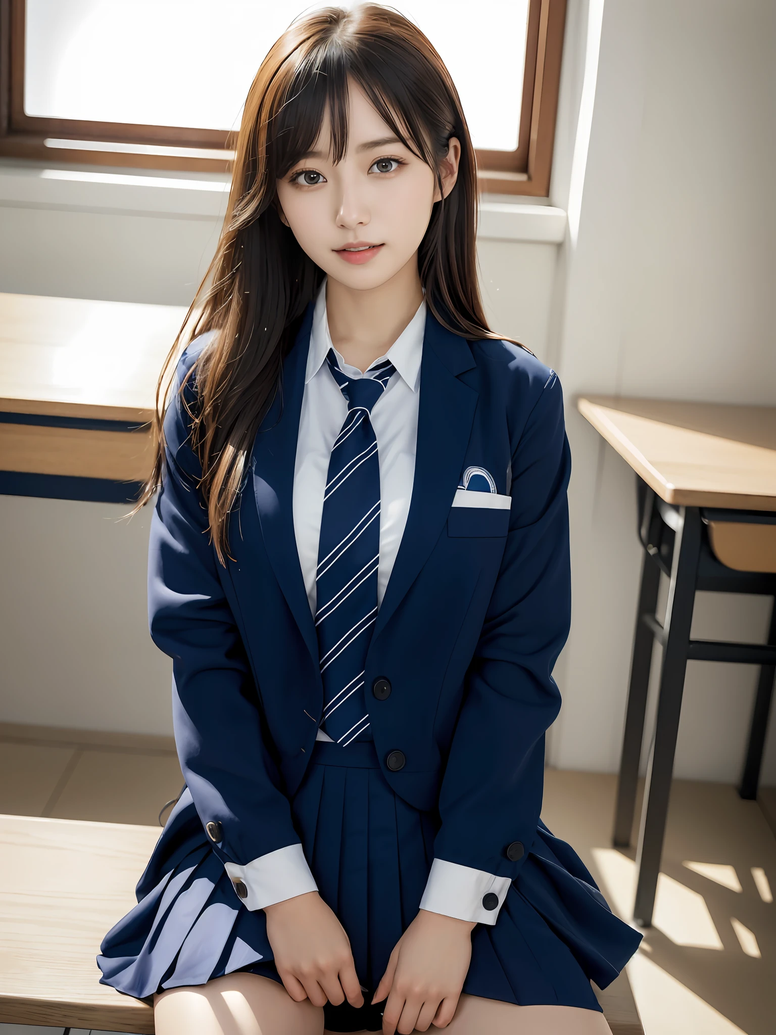 masutepiece, Best Quality, japanaese girl, 8K, Raw photo, top-notch quality, masutepiece, nffsw:1.2, exceptionally detailed RAW color photo, professional-grade photograph, (Realistic, Photorealistic:1.37), (highly detailedskin:1.2), Ultra-high resolution, (lenz 50mm), (masutepiece, top-quality:1.3), (Ultra detailed 8K cg:1.2), (hyper realisitic:1.35), (Photorealistic:1.45), (Realistic:1.4), Cowboy Shot,
1 beautiful Japanese girl, 22 years old, super model, Japanese Idol, __expression__, Large breasts, (sitting on the desk:1.1), (School uniform:1.4), (Spread legs:1.2),
(The background is the changing room:1.1)、Korean Idol、Nogizaka Idol、hposing Gravure Idol、Adults、女優、ren、