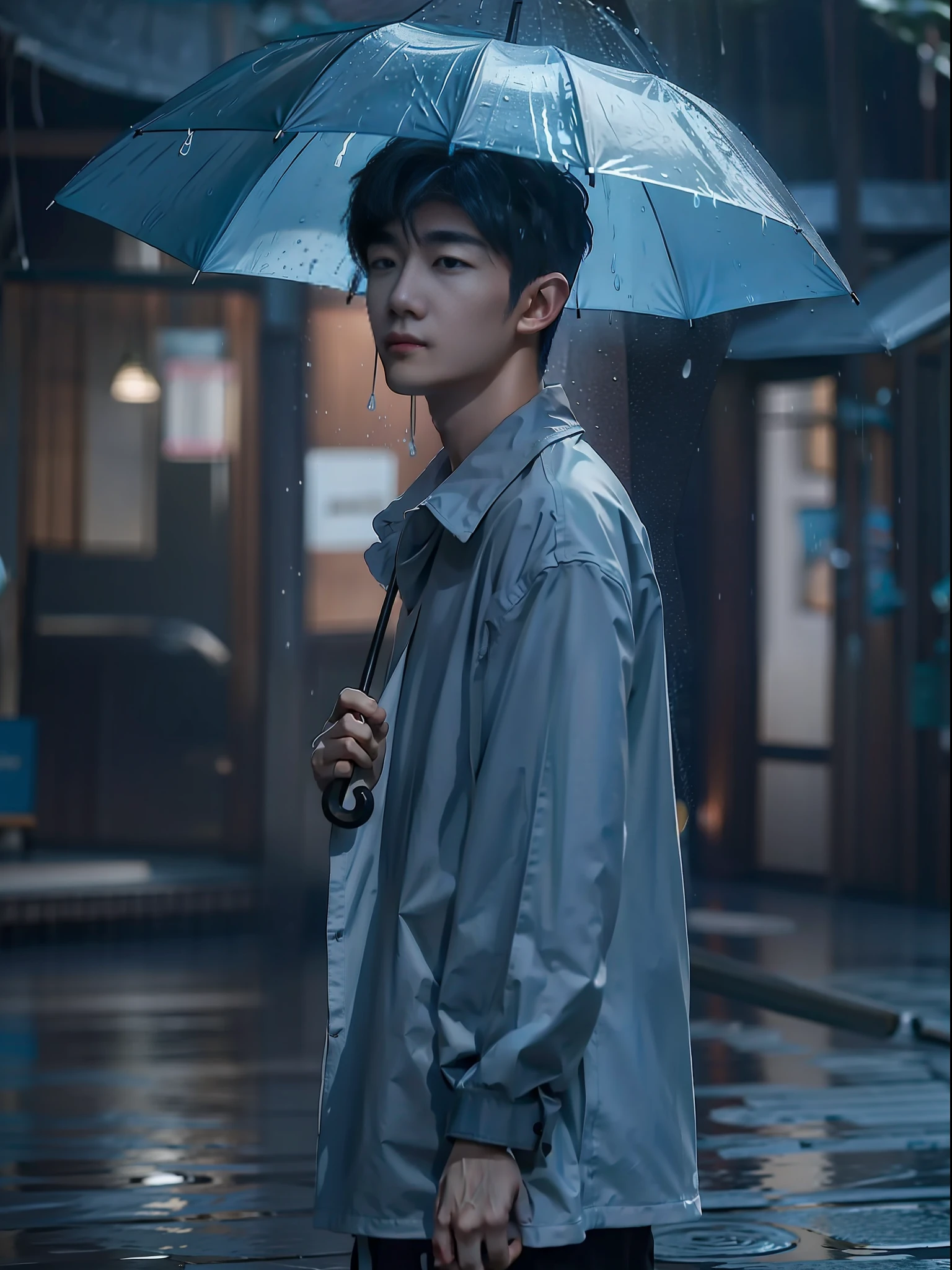 n asian boy is standing with an
umbrella in the rain, in the style of snapshot
aesthetic, onii kei, captivating gaze the style of
yosuke ueno, pictorial drama, snapshot
aesthetic, rei kamoi, douglas smith, dark gray
and light azure, strong facial expression