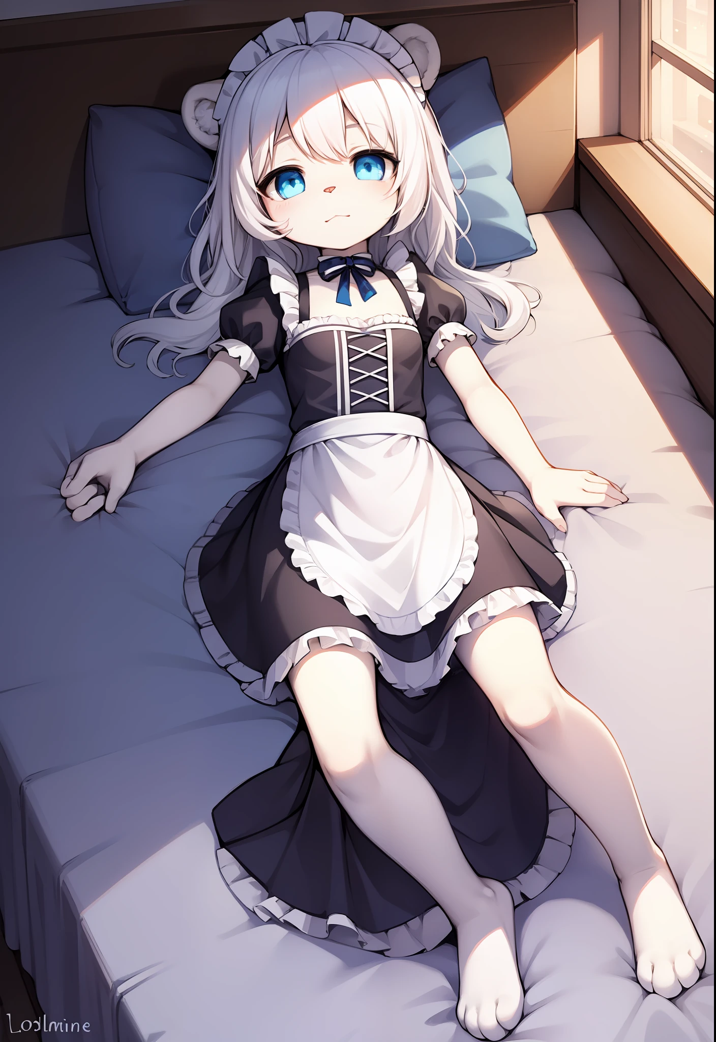 Furry white bear，White fur，Loli body，blue color eyes，White hair，In the daytime，Glowing hair，blue maid outfit,A shy look,Lying in bed,Full body like