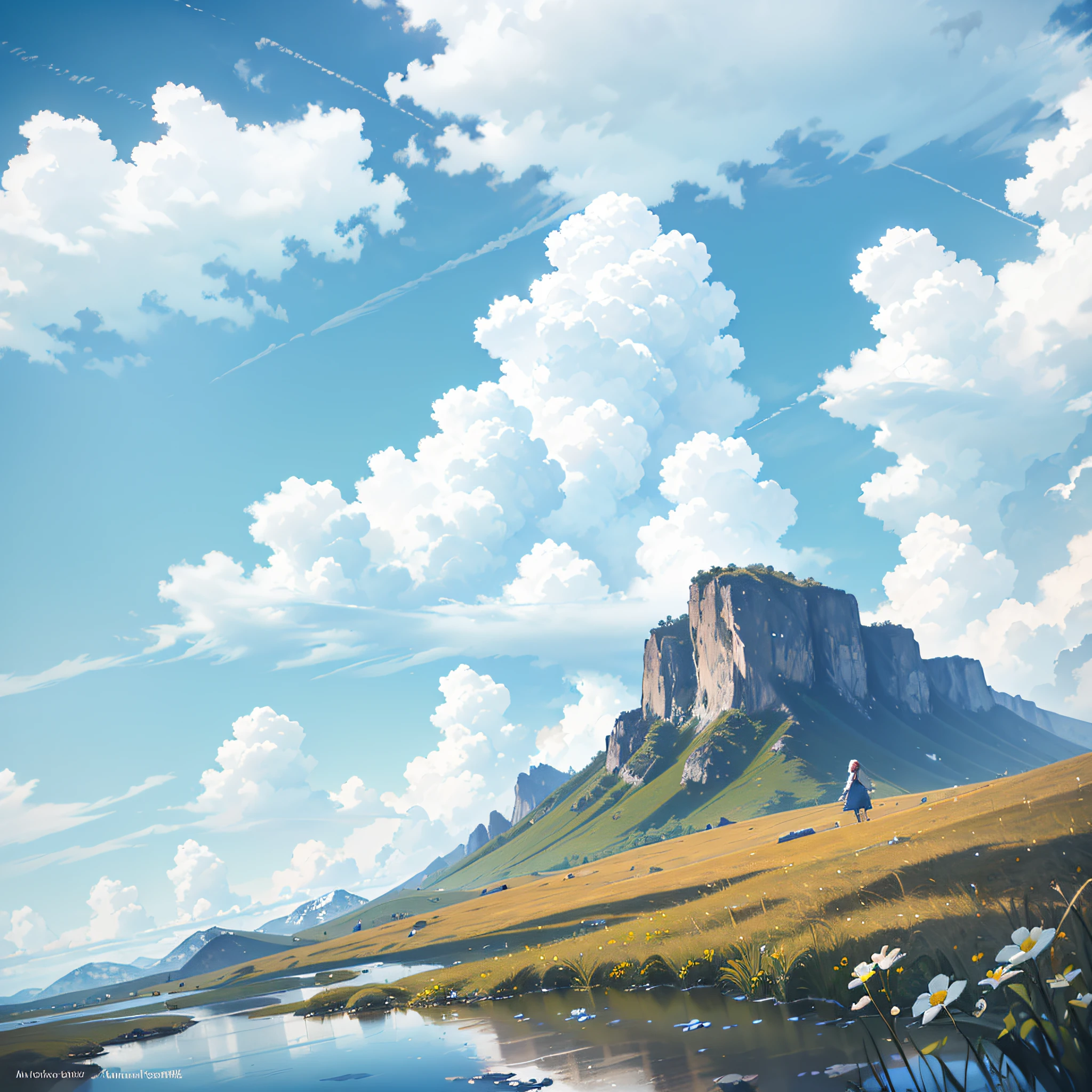 Summer, meadows, few small flowers, clear lakes, sheep, heaven, large clouds, blue sky, hot weather, HD detail, wet watermark, hyper-detail, cinematic, surrealism, soft light, deep field focus bokeh, distant view is snowy mountains, ray tracing, and surrealism. --auto --v6