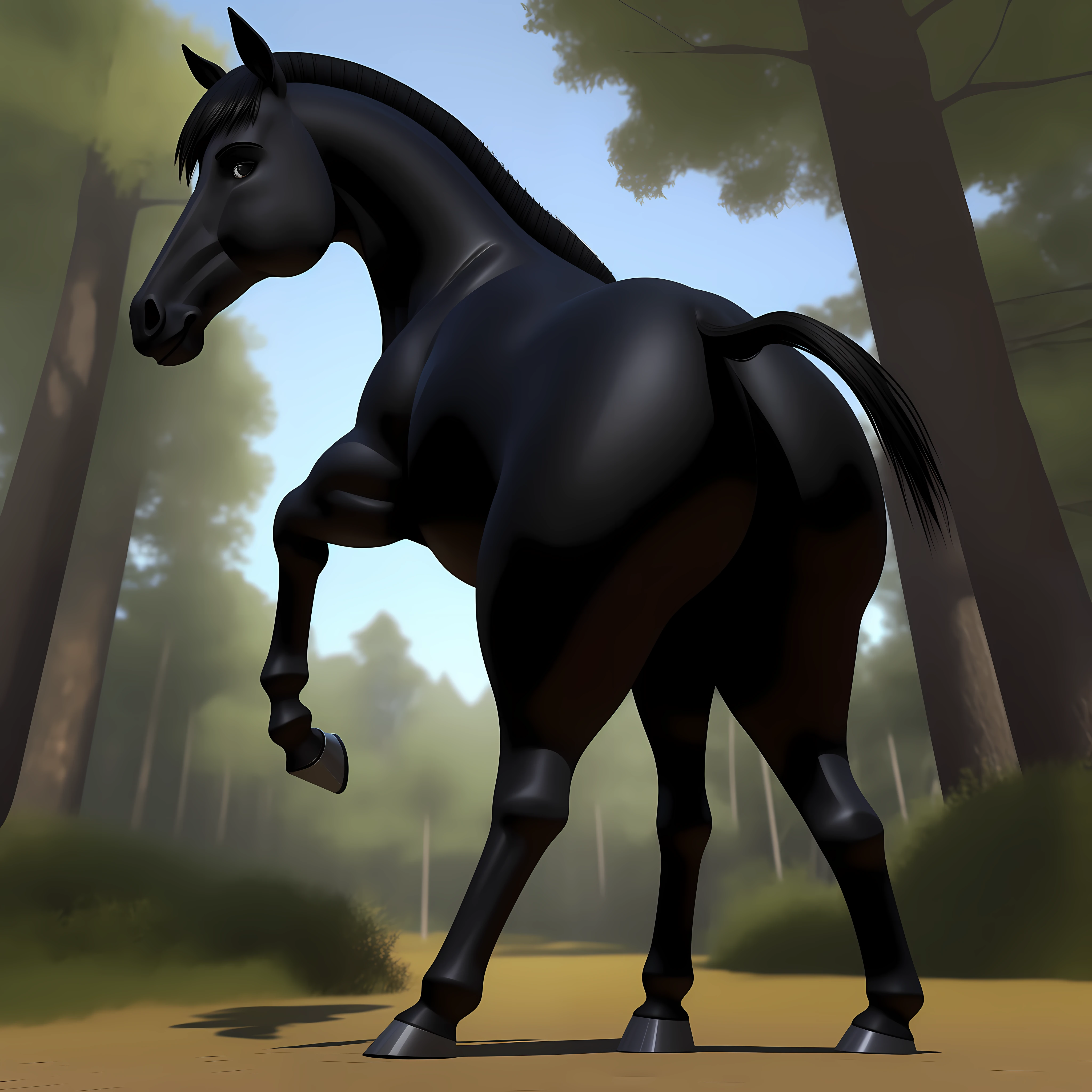 Black stallion horse, bunda grande, perspectiva do bumbum, bumbum bonito,macho, no meio do forest,cabelos pretos longos, olhos verdes , Arte peluda,3d render realista,