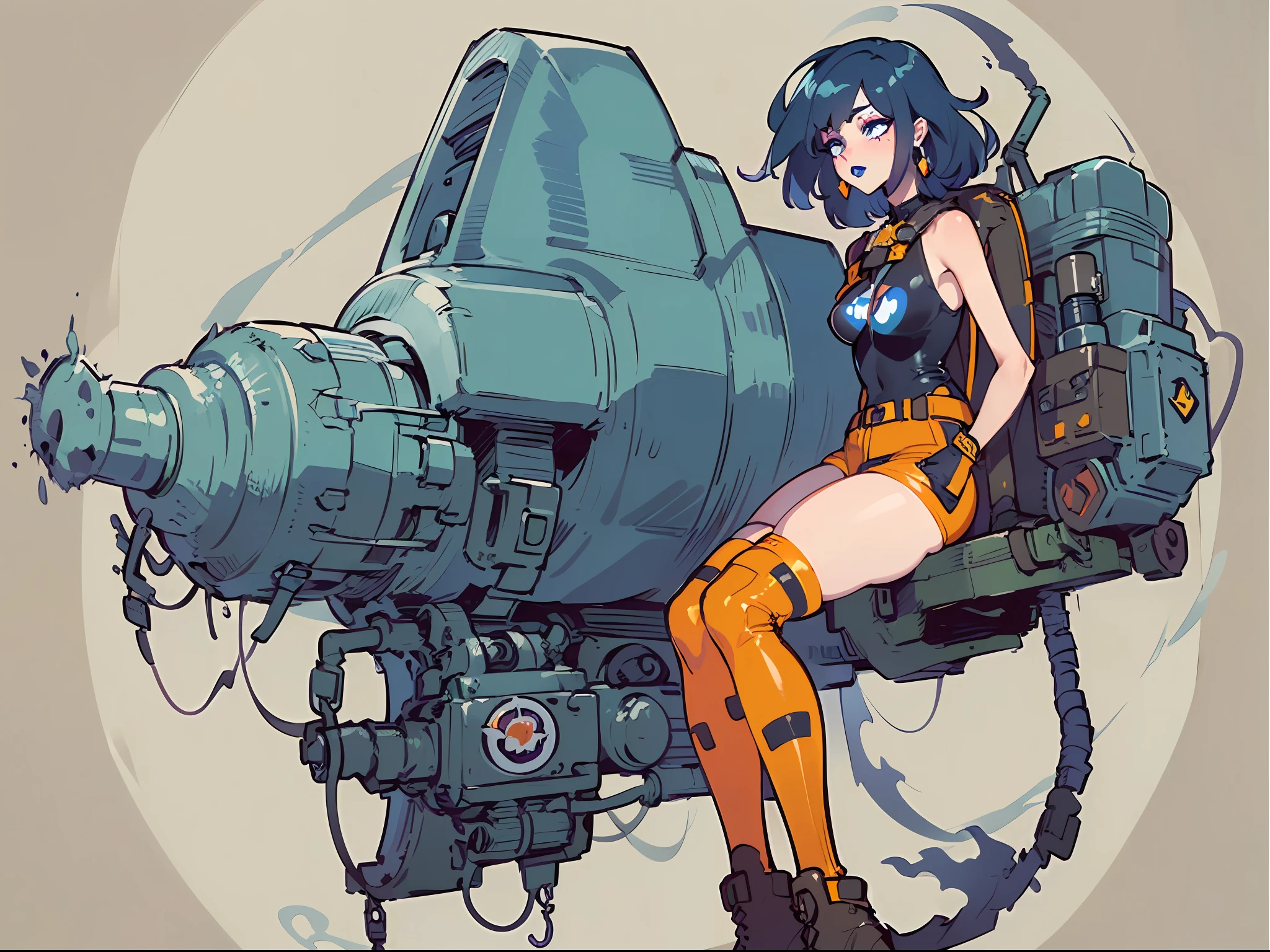 (masterpiece), best quality, expressive eyes, perfect face, ((Kylie Griffin from Extreme Ghostbusters cartoon)), ((Kylie Griffin)), (pale skin, eyeshadow, goth makeup), with monster ghost, ghost small short , ((ghost, (ghostbusters), ((ghostbusters patch on shoulder)), slender figure, (slim fit legs), small breasts, protruding, orange shoulder pads, proton pack on back, full body, (ahegao), very messy dark blue hair medium length, (dark blue lipstick), ankh earrings, proton gun, (brown kneepads, black steeltoe boots, black latex bike shorts), random suggestive pose, cameltoe, delight expression