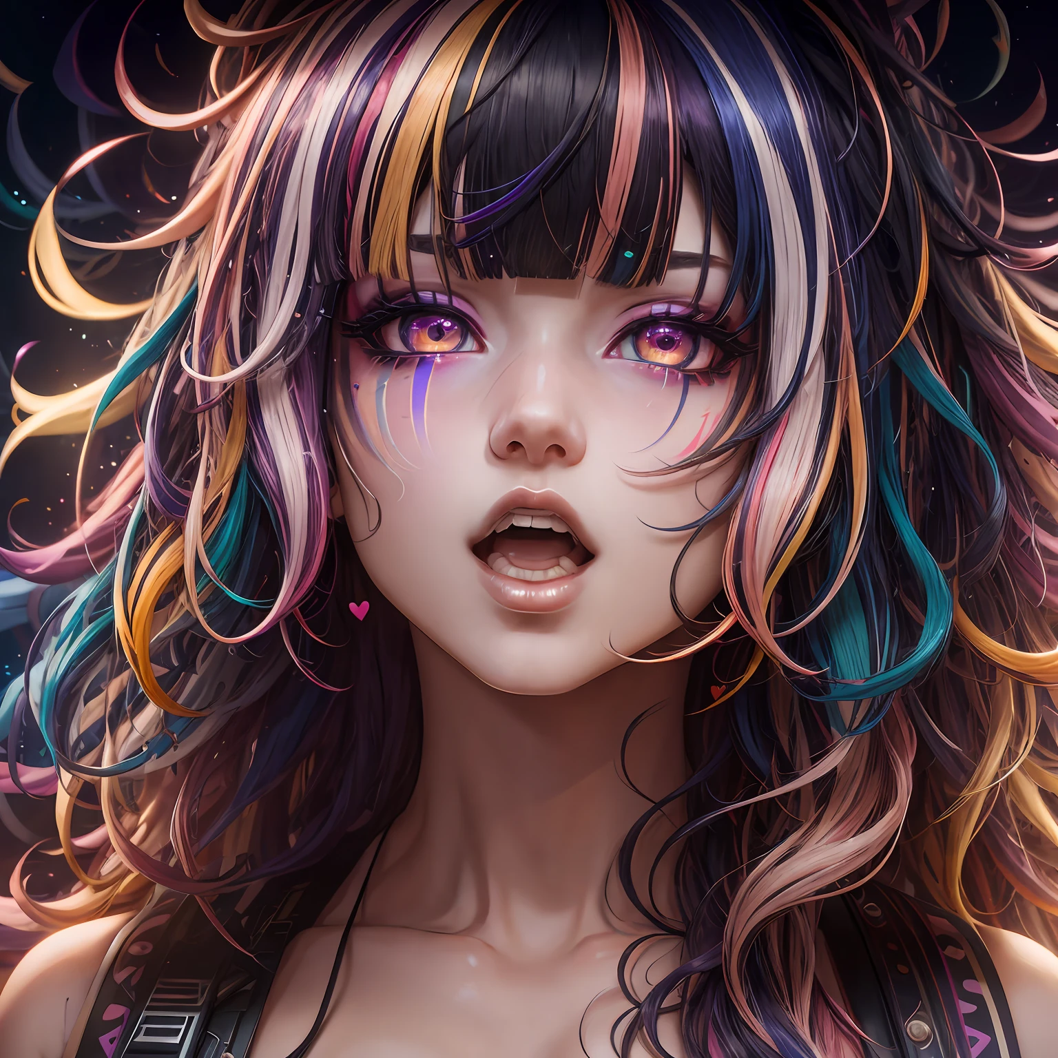 streaked hair, multicolored hair, blunt bangs, curly hair, heart-shaped pupils, makeup, open mouth, Futurism, high detail, cinematic lighting, tachi-e, pov, Sony FE GM, UHD, ccurate, 4K --auto