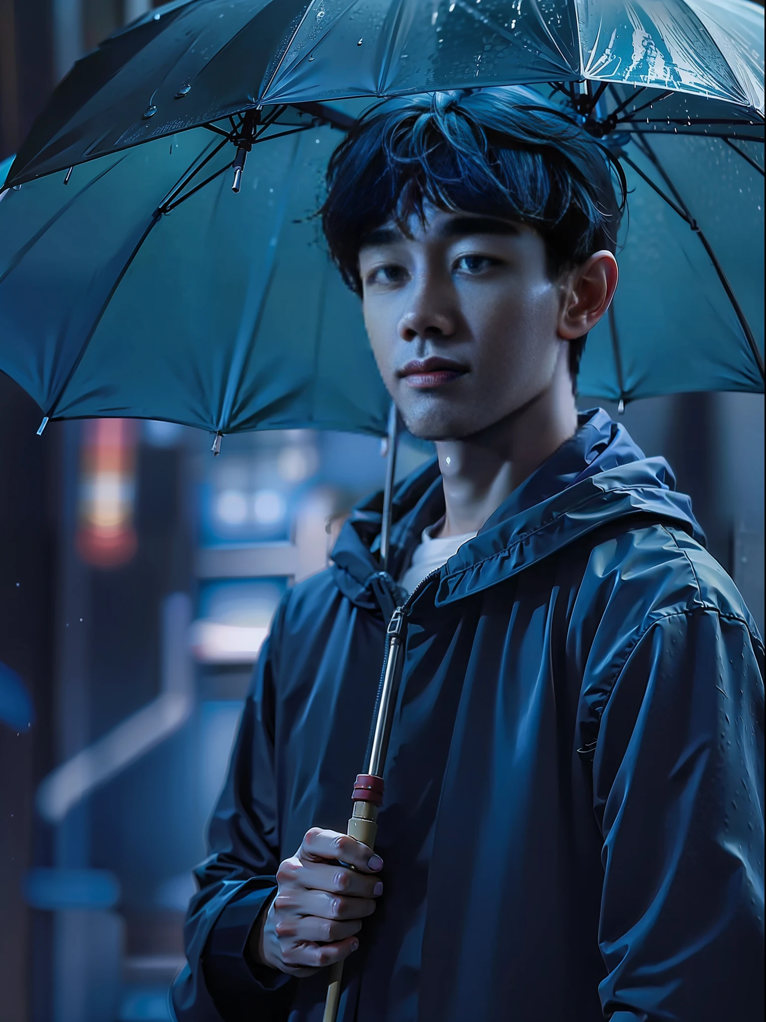 n asian boy is standing with an
umbrella in the rain, in the style of snapshot
aesthetic, onii kei, captivating gaze the style of
yosuke ueno, pictorial drama, snapshot
aesthetic, rei kamoi, douglas smith, dark gray
and light azure, strong facial expression