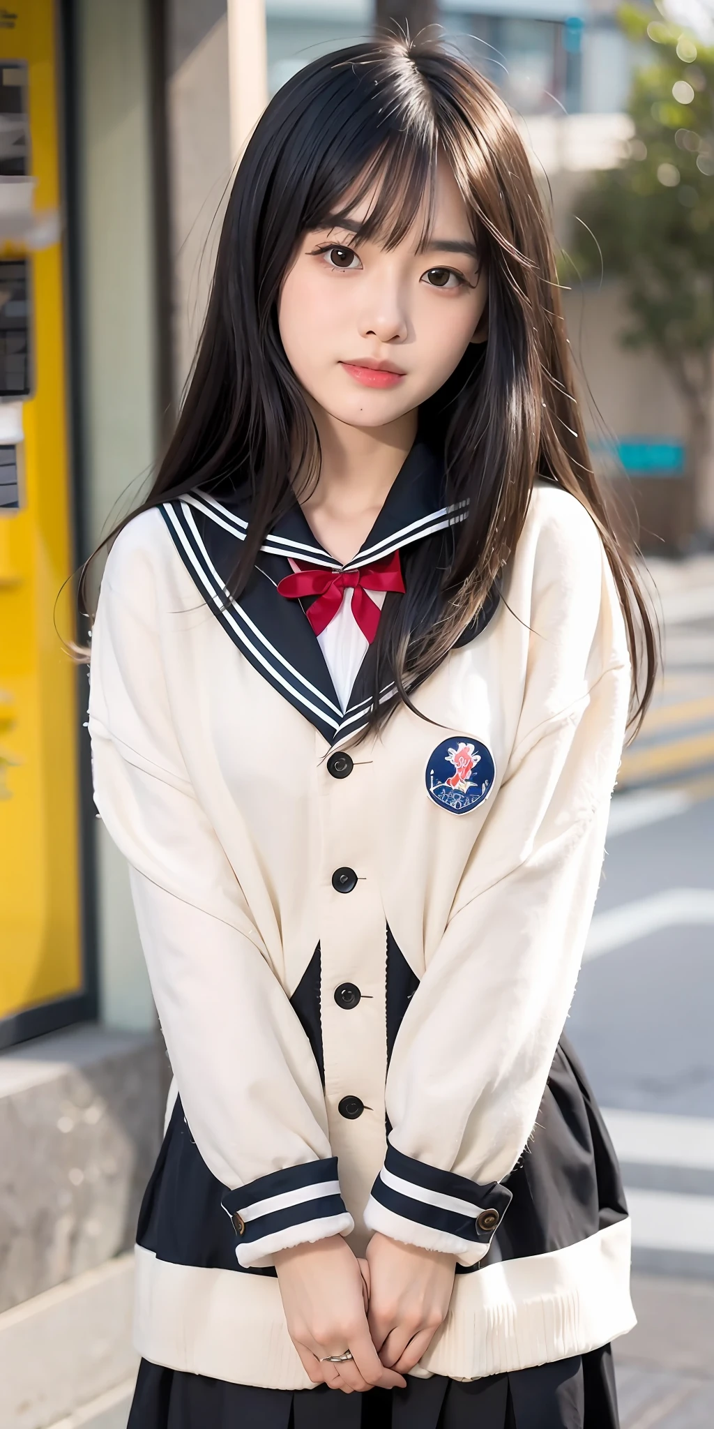 arafed asian woman in a sailor outfit posing for a picture, ulzzangs, loose coat collar sailor uniform, She has black hair,By bangs, sakimichan, full-body xianxia, Sailor uniform, black hair and white bangs, With bangs, Long black hair with bangs, long whitr hair,Thick bangs, white hime cut hairstyle, with full bangs