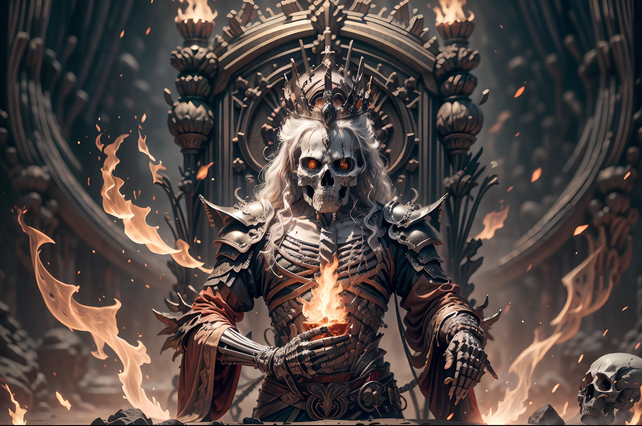 BoneyardAI, skeletal warrior with fiery control, adorned in regal armor and a majestic crown, commanding a throne of eternal flames, creating a masterpiece photo with the utmost quality.