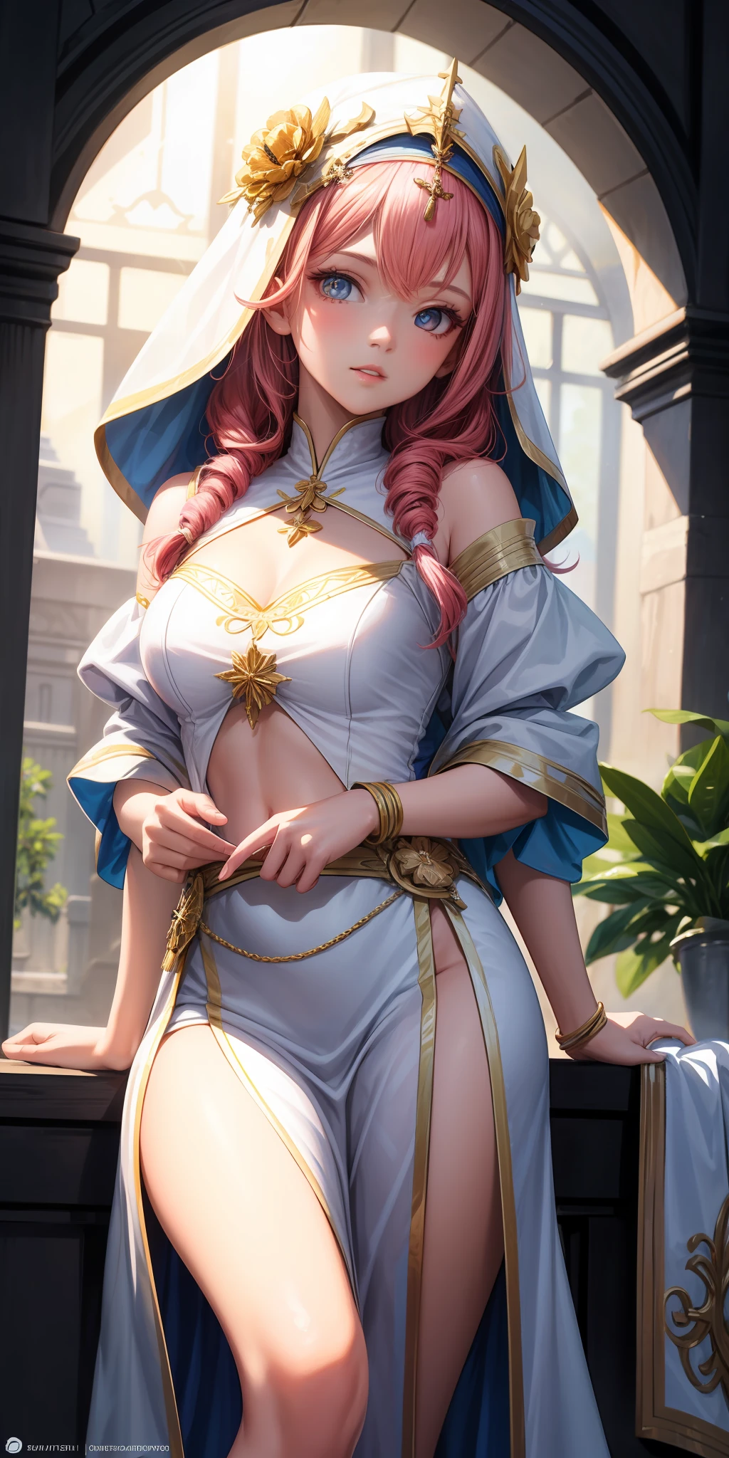 realista, 1girl, cabelo rosa, maria-Chiquinha, olhos rosas, olhos brilhantes, Top Cropped, Saia, half-open lips, corar, noite, flor, piso, Light Chãoar, Hora, armadura, cleric, curandeiro,