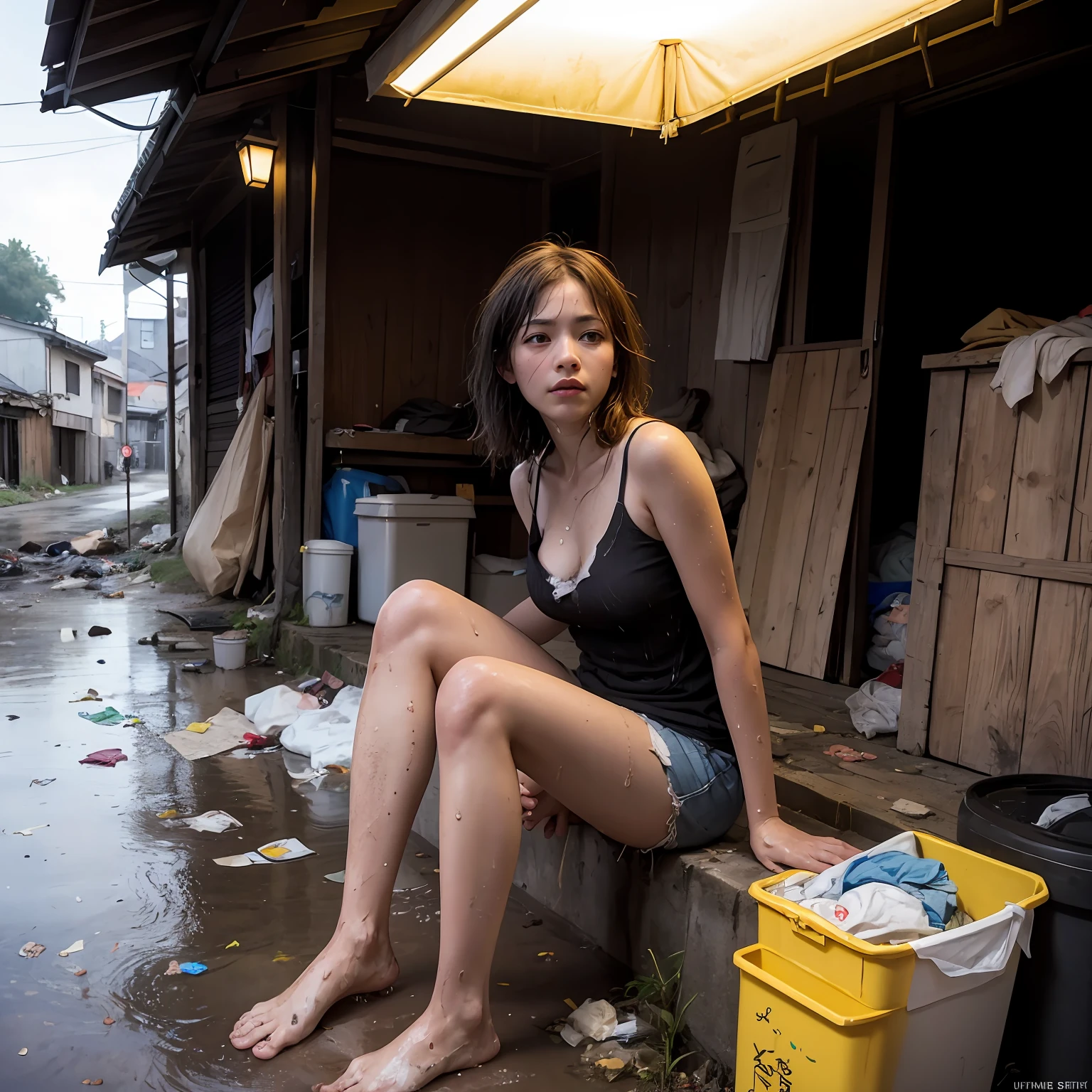 (8k, RAW photos, best quality, masterpieces, : 1.2), (realistic, photorealistic: 1.37), 17-year-old Japan girl with a sad face of homeless, delicate face, sad expression of despair, sitting and depressed, slums, garbage dumps, piles of garbage, (garbage: 1.5), sloppy, people coming and going, many women, obscene, crowded, poor, torn and dirty tattered dirty clothes, collarbone, no bra, torn micropants, wet clothes, dirty hair, dirty face, dirty skin, sweaty skin, (sweat: 1.5), muddy skin, muddy feet, bare feet, small breasts, unkempt hair, tan, full body portrait, physically based rendering, cinematic lighting, complex and cinematic look, night, street lamp light, photorealistic, cowboy shot, Dynamic Angle